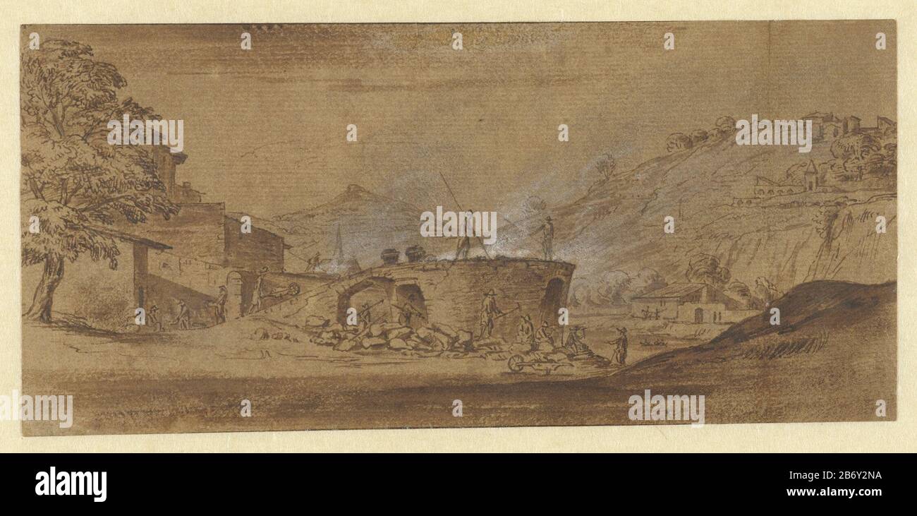 Kalkcoven bij Lyon Lime Kiln at Lyon Type d'objet: Dessin Numéro d'objet: RP-T 1948-406 Fabricant : Rapporteur pour avis: Michiel van Overbeek artiste: Israël Silvestre (rejet d'attribution) Date: 1699 - 1719 Caractéristiques physiques: Stylo et brosse en marron, renforcé de craie blanche, sur papier brun clair: Papier craie technologie: Dimensions du stylo/pinceau: H 102 mm × W 223 mm Objet: Tilleul-brûleur noms de villes et de villages (avec NOM) Où: Lyon Banque D'Images