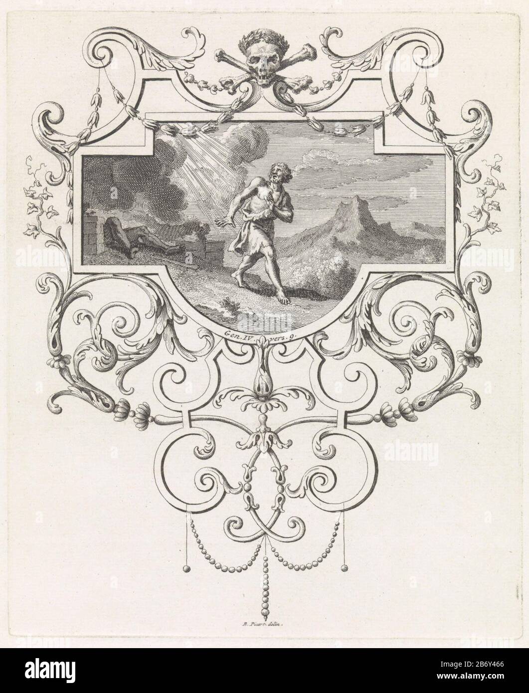 Après Caïn, son frère Abel a tué Dieu lui parle et lui demande Où: Son frère. Milieu d'une référence à la Bible dans Genèse 4: 9. La performance est enchâssée dans un lijst ornemental. Fabricant : print maker: Bernard Picart (studio) to drawing of: Bernard Picart (indiqué sur l'objet) Lieu de fabrication: Amsterdam Date: 1683 - 1733 Caractéristiques physiques: Gravure et engrafage: Technique du papier: Gravure / engrafé (procédé d'impression) mesures: Bord de la plaque: H 193 mm × W 158 mmToelielichtPrent initialement prévu pour: Figures la, la Bible. Amsterdam, Bernard Pimart, 1720. Publiez-nous également Banque D'Images