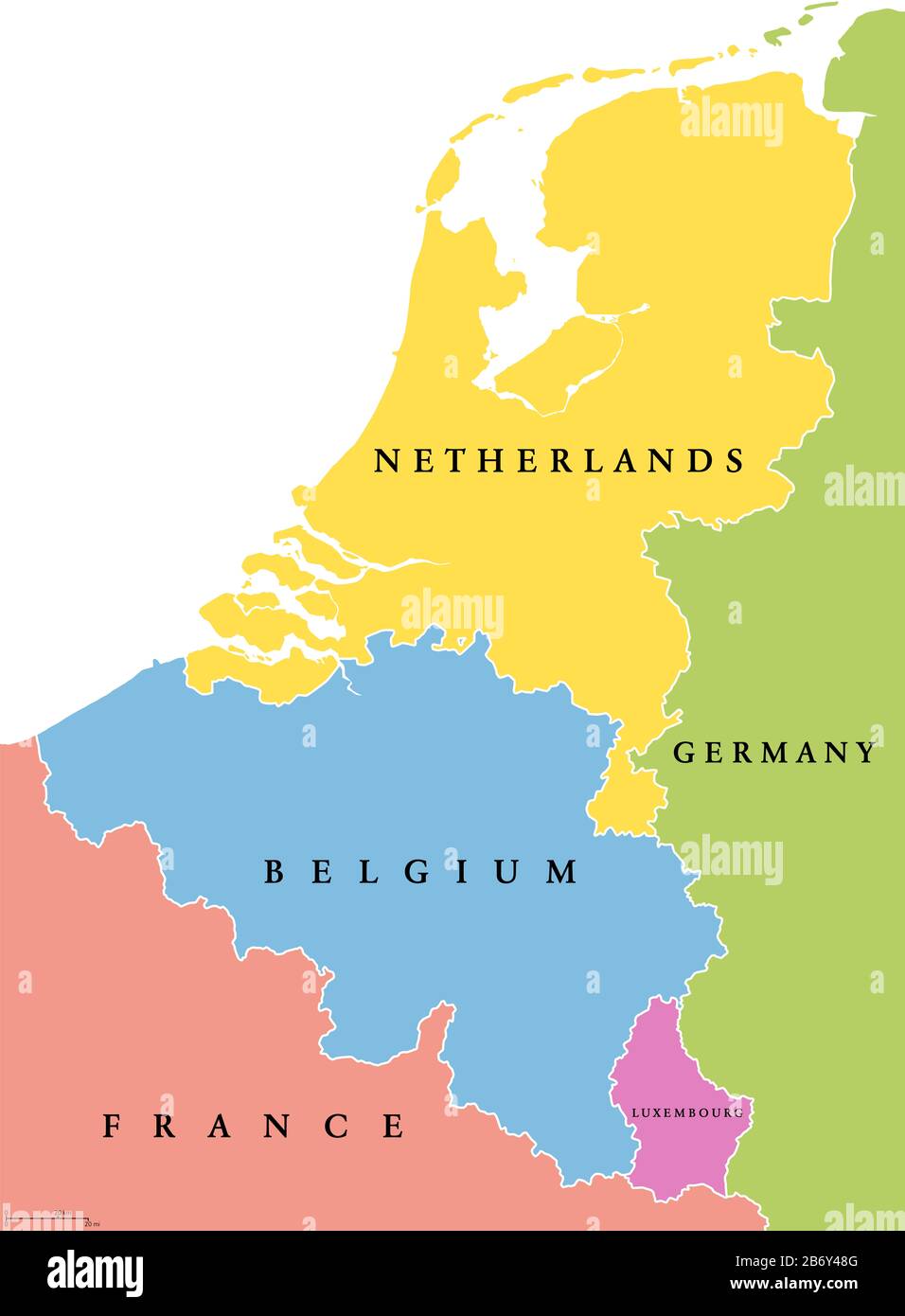 Carte politique des États uniques du Benelux. Région formée par les pays Belgique, Pays-Bas et Luxembourg. Banque D'Images