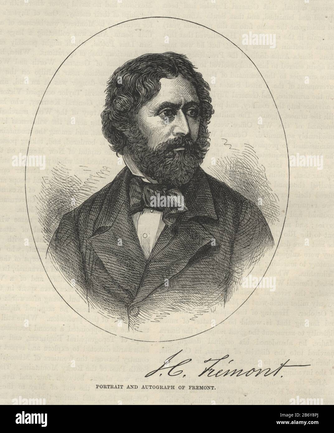 Gravure ancienne de John C. Fremont, explorateur américain, politicien et soldat qui, en 1856, est devenu le premier candidat du Parti républicain au poste de président des États-Unis. Dans les années 1840, lorsqu'il a mené cinq expéditions dans l'Ouest américain Banque D'Images