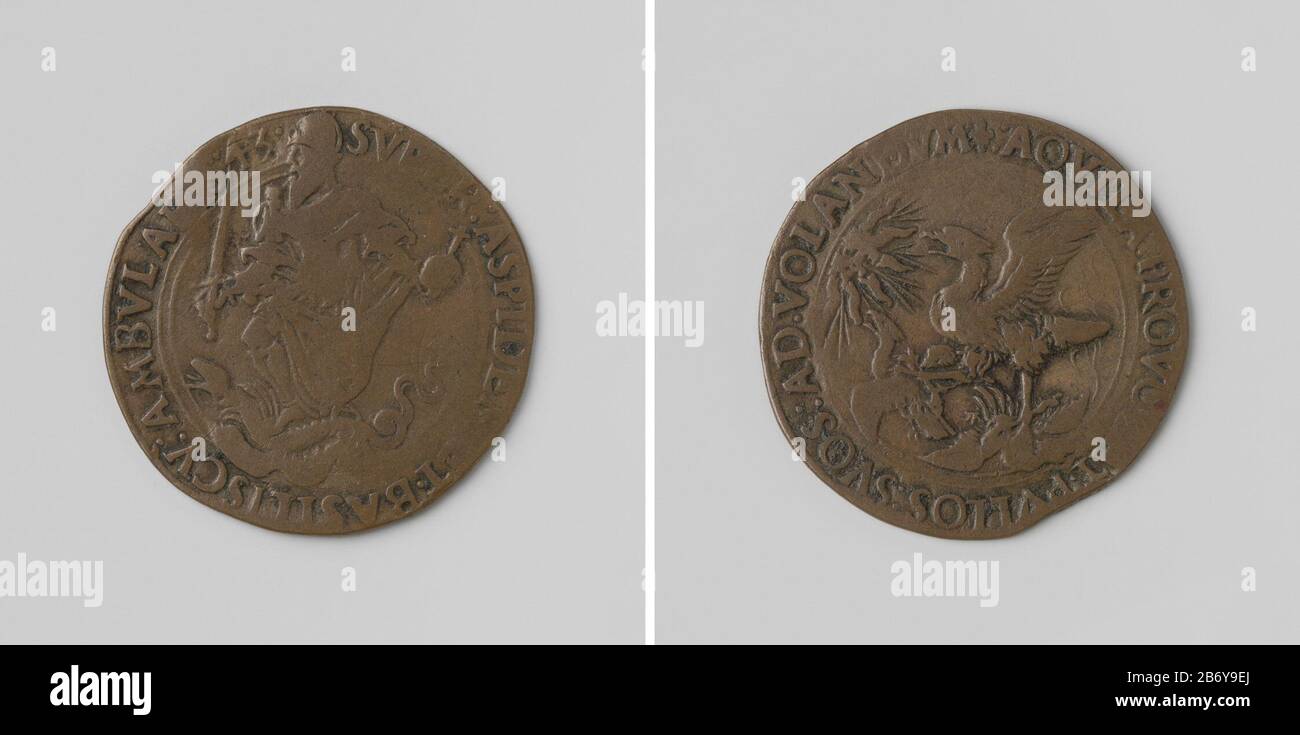 Karel V, Duits keizer, bereidt zich voor op de oorlog tegen Frankrijk en Gelderland Koperen penning. Voorzijde: Portret van Karel V met kroon, rijksappel en linker- en z Banque D'Images