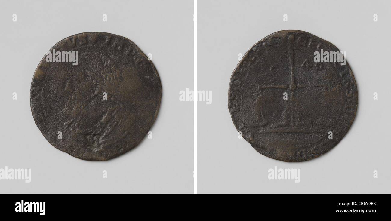 Mise en plume de Koperen. Voorzijde: Borststuk man binnen omschrift en onder borststuk lettre M en cartouche [klop?]. Keerzijde: Weegschaal in evenwicht tussen jaartal binnen omschrift. Fabricant : anoniemPlaats fabrication: Antwerpen Dating: 1546 kenmerken physique: Koper matériel: Koper Techniek: Slaan Dimensions: D 2,8 cm. × g 3,39 gr Date: 1546 - 1546Vie: Karel V van Habsburg (Duits keizer en koning van Spanje)Raad van Financiën Banque D'Images