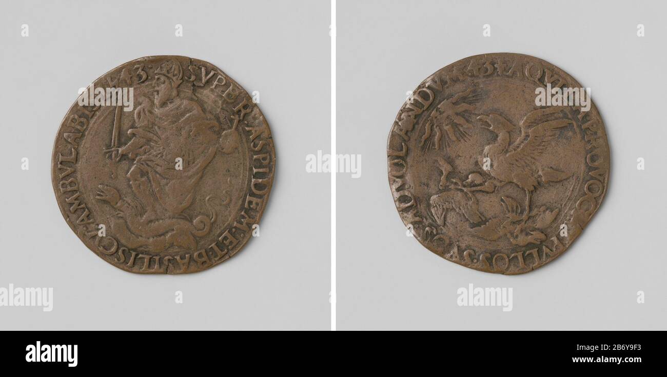 Karel V, Duits keizer, bereidt zich voor op de oorlog tegen Frankrijk en Gelderland Koperen penning. Voorzijde: Portret van Karel V met kroon, rijksappel en linker- en z Banque D'Images