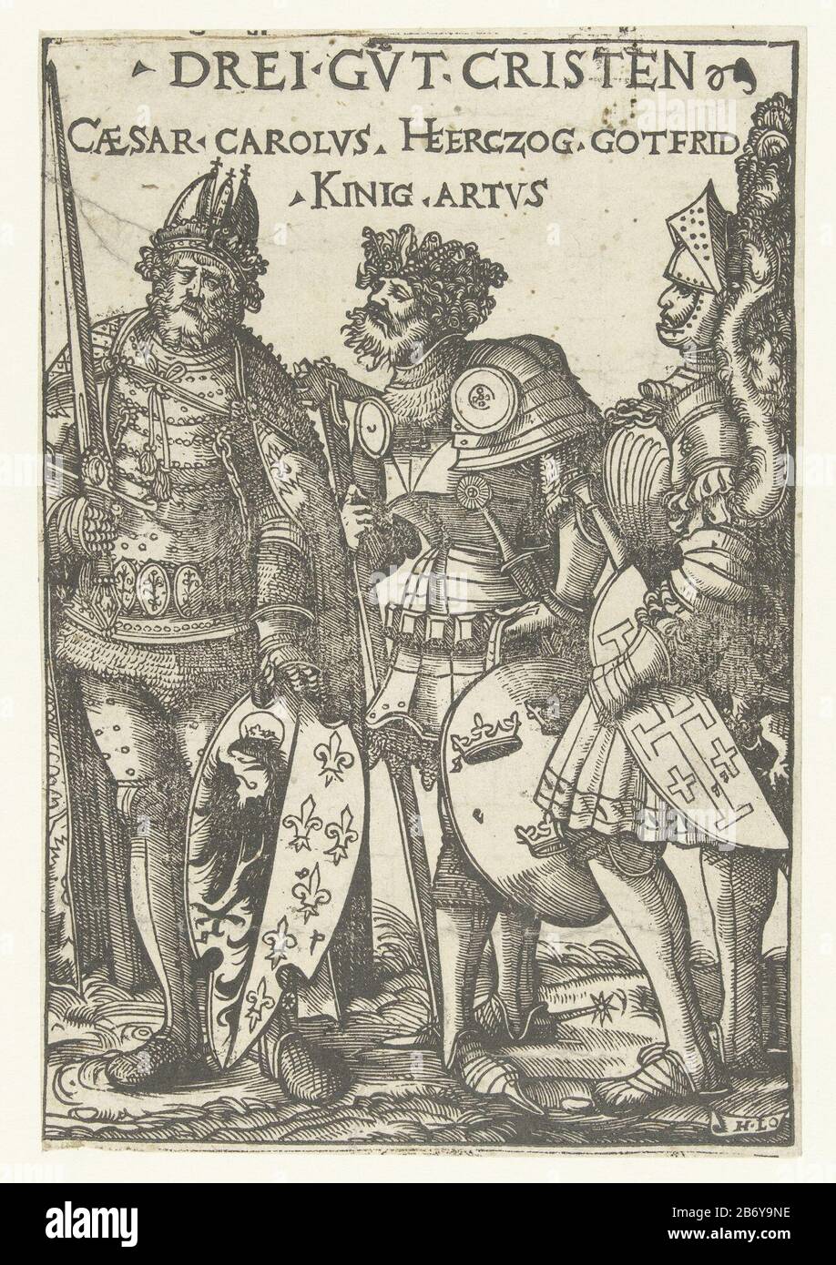 Karel de Grote, Godfried IV van Bouillon en Koning Arthur als drie christelijke helden Drei Gvt Cristen (objet titel op) Helden en Heldinnen (servietitel) Charlemagne, Godfrey IV de Bouillon et le roi Arthur vêtus de leurs armes personnelles sur les bras qu'ils détiennent. Ils sont présentés dans cette série comme les trois héros chrétiens comme l'a démontré le texte allemand sur la carte et les noms des trois hommes: César Carolvs Heerczog Gotfrid Kinig Artvs. Fabricant : à imprimer par Hans Burgkmair (I) printmaker: Monogrammiste HL (XVIe siècle) Date: 1516 - 1581 Caractéristiques physiques: Bois Banque D'Images