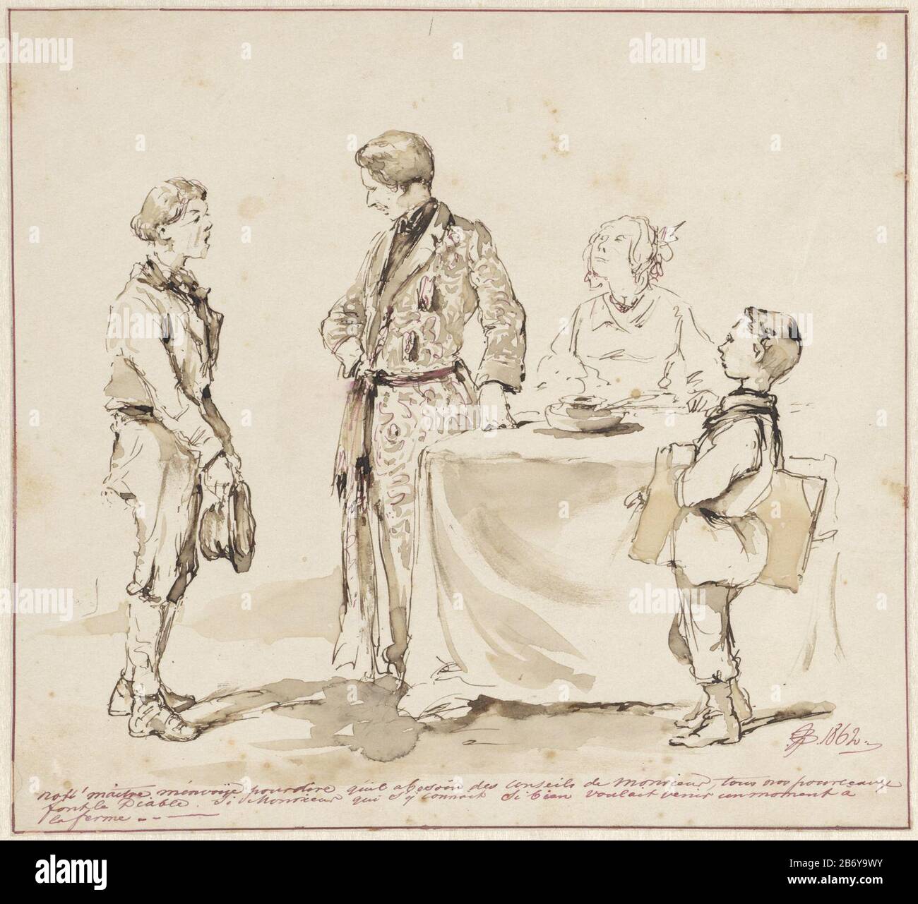 Scène caricaturée avec un paysan garçon avec un type d'objet de ménage banal: Dessin Numéro d'objet: RP-T-1994-108 Inscriptions / marques: Inscription 'not' maitre m'envoije pour dire quil a besoin ... [etc ] Manufacture Créateur: Artiste: Pieter van Loon (bâtiment classé) En Date du: 1862 Caractéristiques physiques: Stylo et brosse en lignes de cadre marron et rouge en encre rouge: Technologie d'encre papier: Dimensions stylo / brosse: H 198 mm × W 217 mm Banque D'Images