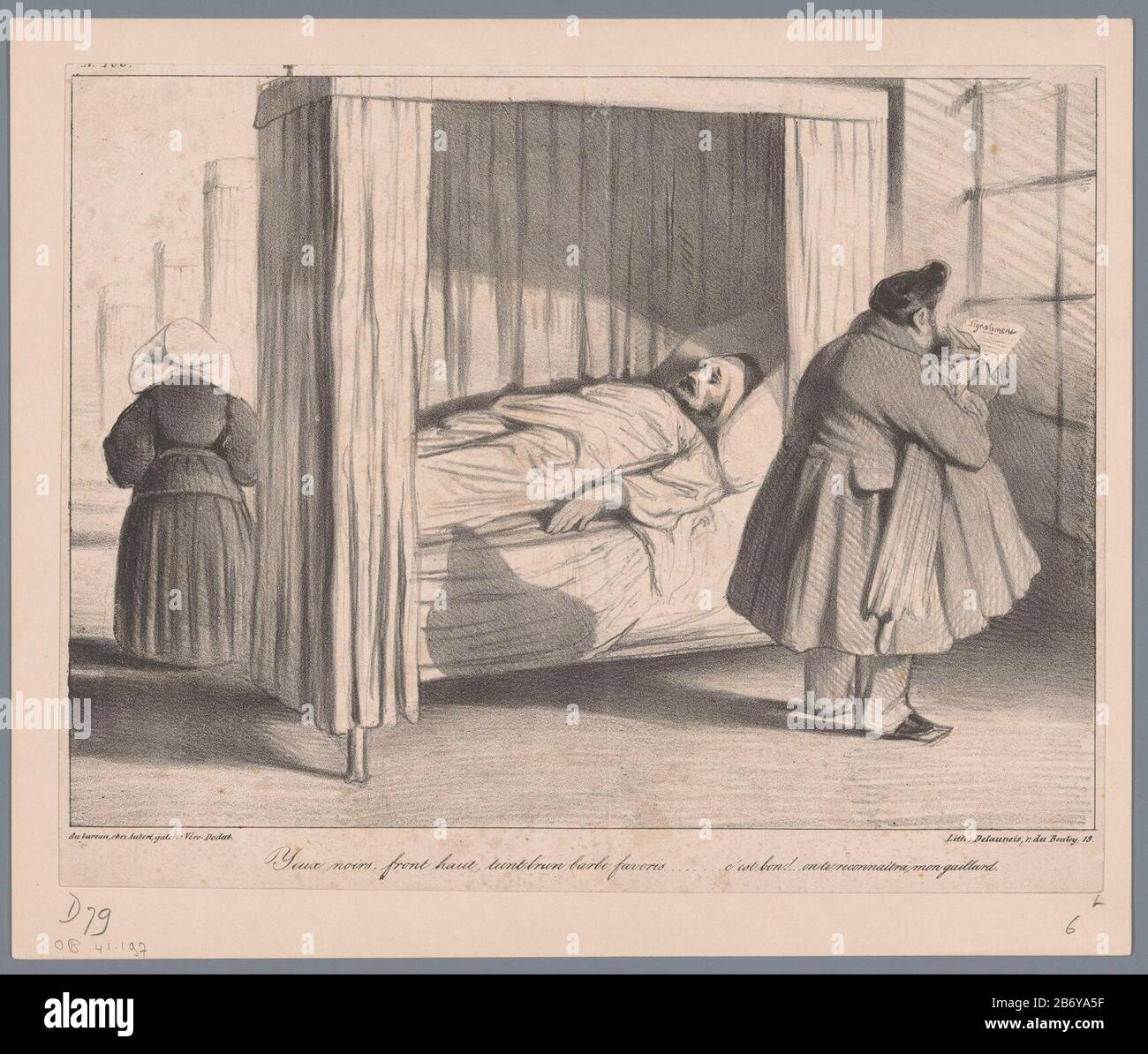 Un rapporteur reconnaissable au corps et au parapluie comme le roi Louis-Philippe de France, le signal d'un blessé à l'hôpital a pris fin après les sanglantes émeutes de 1834. Fabricant : printmaker: Honoré Daumier (bâtiment classé) imprimante: Nicolas Louis Delanois éditeur: Gabriel Aubert (immeuble classé) Lieu de fabrication: Paris Date: 1834 matériau: Technique du papier: Lithographie (technique) Dimensions: Feuille : h 222 mm × W 280 mmToeliechtPrent publié à la Caricature, Aubert: Paris, 29-1805-1834, p. 391. Objet: Caricatures politiques et visi satire Banque D'Images