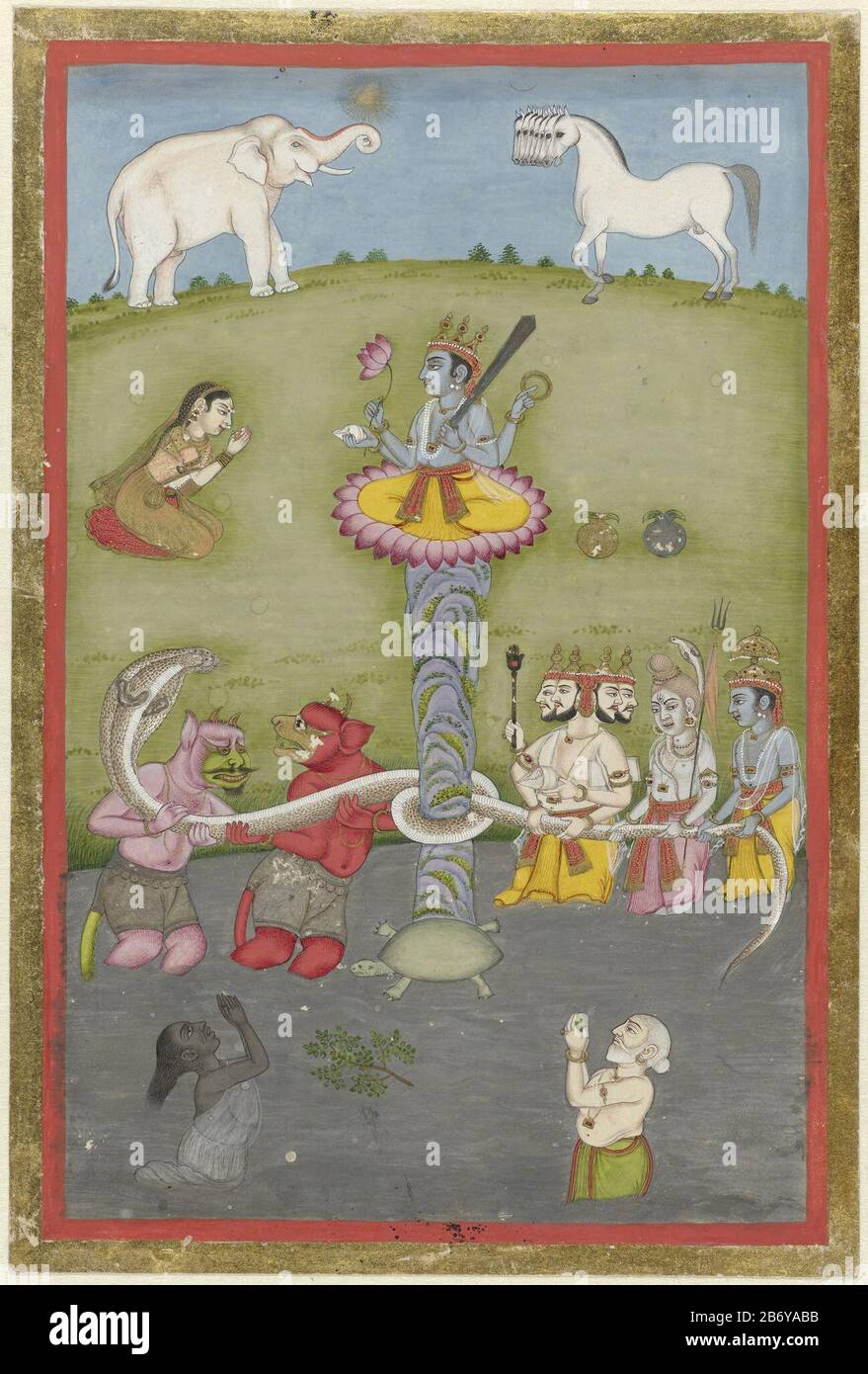 Karnen van de oceaan Sur une fleur de lotus sur une tortue dans la rivière briser la deuxième apparence Vishnu; Les dieux et les monstres tenant un solide de cobra qui est lié à la tige de lotus, dans la rivière deux figures de prière en arrière-plan une femme s'agenouillant et sur l'air sur la colline un éléphant et beaucoup de jibber. Autour du spectacle une orange étroite et un rand d'or étroit. Fabricant : artiste: Fabrication anonyme: Murshidabad Dating: 1790 - 1810 Caractéristiques physiques: Pinceau en couleurs noir, or et blanc: Technique du papier: Pinceau / pinceau Dimensions: Feuille: H 227 mm × W 152 mmbeeld: H 208 M. Banque D'Images