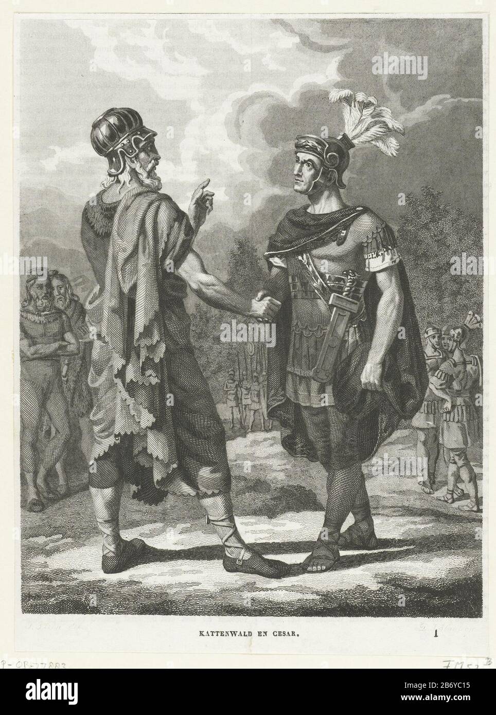 Kattenwald en Cesar (objet op titel) Kattenwald, le chef de la tribu germanique du Chat, secoue Julius Caesar fabricant de la fabrication à la main: Print maker: Dirk Jurriaan Sluyter (indiqué sur l'objet) au dessin de: J. Stein (indiqué sur l'objet) Lieu de fabrication: Pays-Bas Date: 1826 - 1886 Caractéristiques physiques: Matériau de l'acier: Technique du papier: Dimensions de l'acier: H 235 mm (papier ) × 173 b mmToelichtingillustratie coupé d'un livre sur l'histoire ancienne des Pays-Bas. Sur le texte verso. Figure inférieure droite 1. Pas Frederik Muller; ajouté par le numéro RPK. Sujet: Éteint, 'hist Banque D'Images