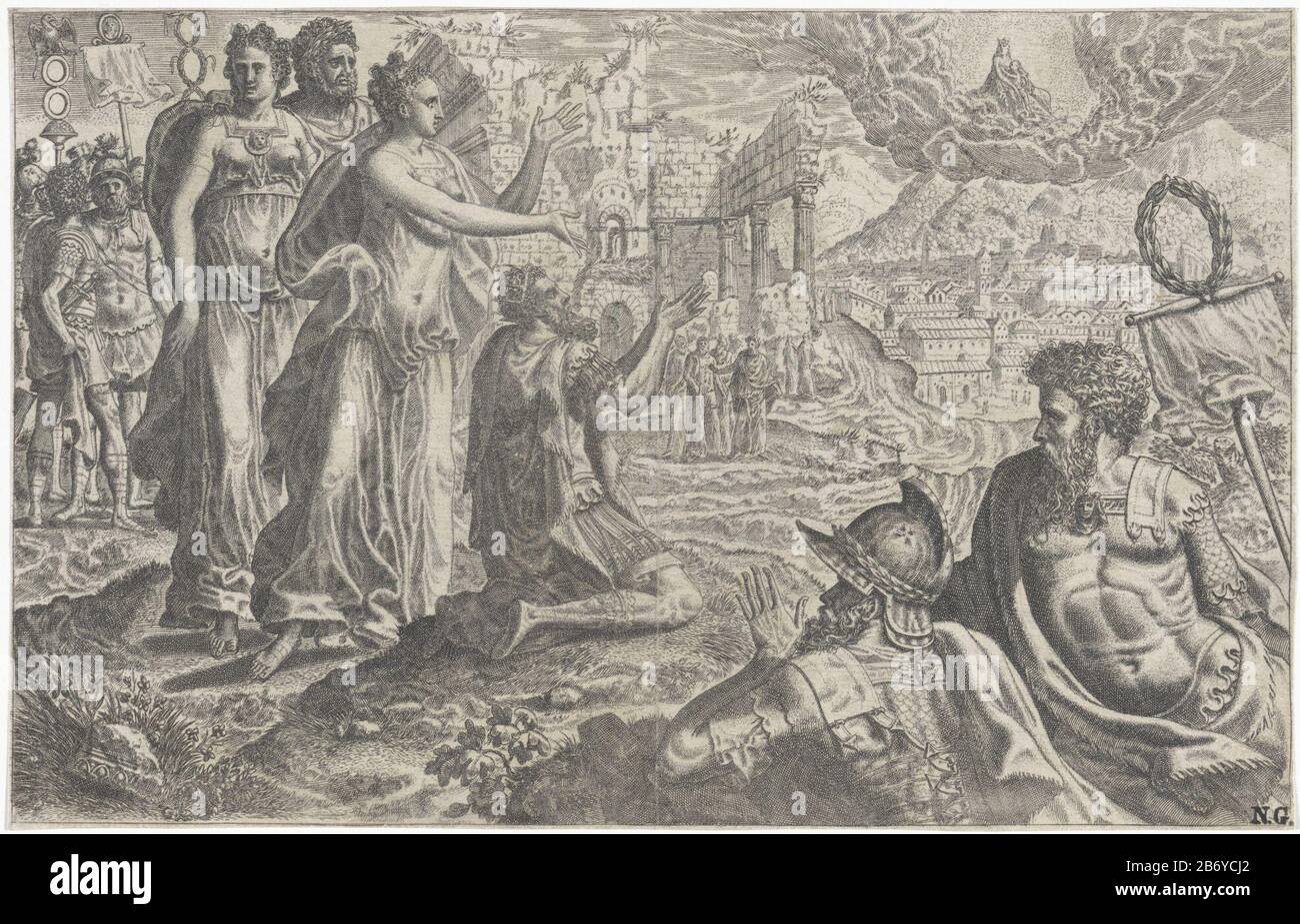 Keizer Augustus en de Tiburtijnse Sibille le Tiburtine Sibyl prédit à César Augustus un enfant sera né, qui sera plus grand que tous les dieux romains. Puis Auguste voit une vision. Marie dans le ciel apparaît les Tui Chris Child. Empereur Auguste Knielt. Fabricant : printmaker: Lambertus Suavius ​​(attribué à) Lieu de fabrication: Sud des Pays-Bas Date: 1520 - 1567 Caractéristiques physiques: Matière automobile: Technique du papier: Engraa (procédé d'impression) Dimensions: Feuille: H 167 mm × W 261 mm Objet: Le Tiburtine sibyl et août: Le sibyle révèle à l'empereur une vision de la Madonna à la Dustre Banque D'Images