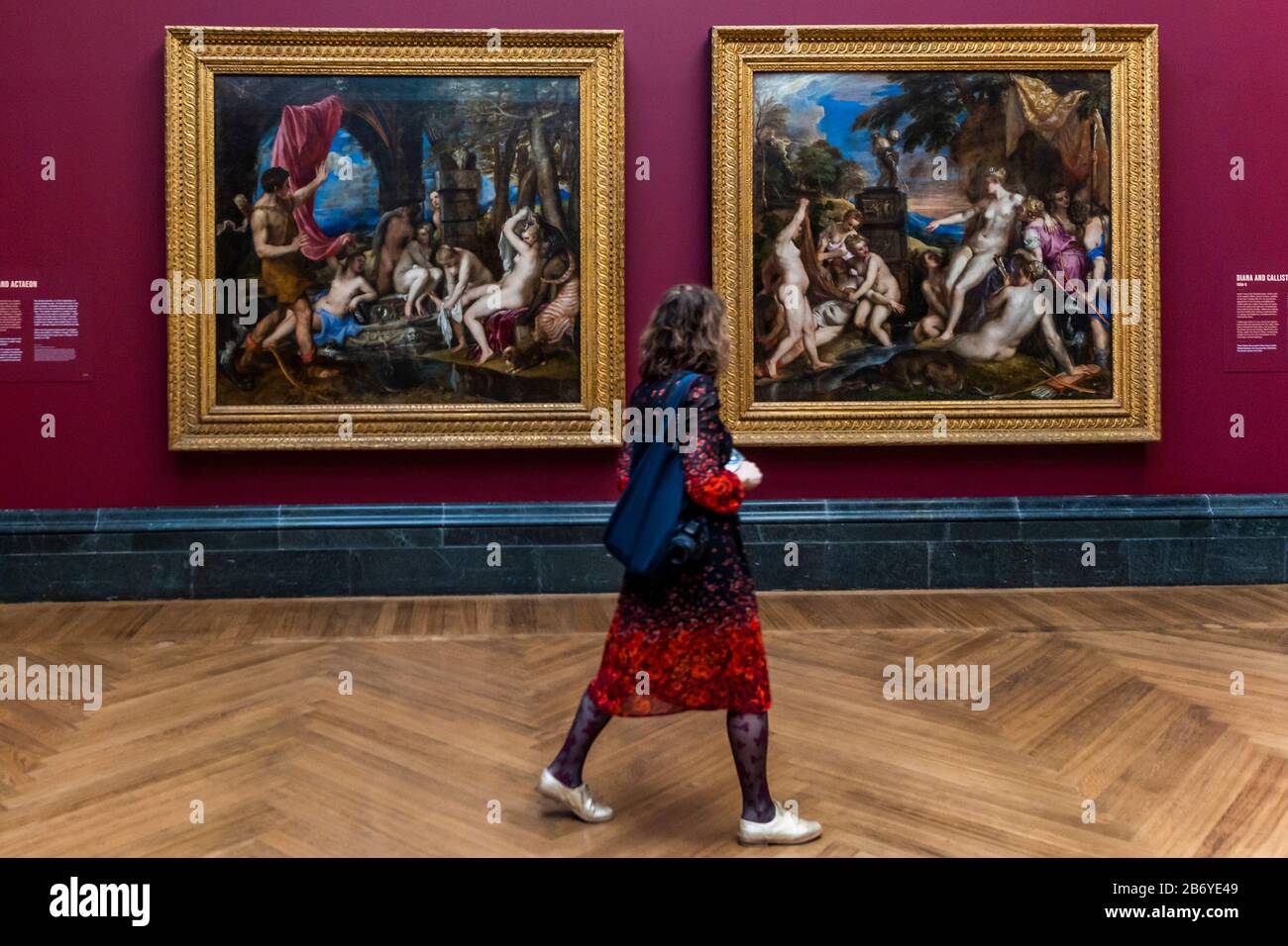 Londres, Royaume-Uni. 12 mars 2020. Diana et Actaeon avec Diana et Callisto - Titien: Amour, Désir, mort - une nouvelle exposition à la galerie nationale de teh qui réunit les six peintures de la série commandée par le Prince Philippe d'Espagne, le futur roi Philippe II, en 1551. Ils sont rassemblés de Boston, Madrid et Londres pour la première fois depuis plus de quatre siècles. Crédit: Guy Bell/Alay Live News Banque D'Images