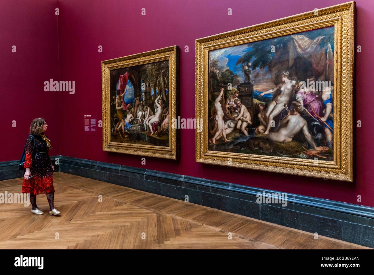 Londres, Royaume-Uni. 12 mars 2020. Danae avec Diana et Actaeon et avec Diana et Callisto - Titien: Amour, Désir, mort - une nouvelle exposition à la galerie nationale teh qui réunit les six peintures de la série commandée par le Prince Philippe d'Espagne, le futur roi Philippe II, en 1551. Ils sont rassemblés de Boston, Madrid et Londres pour la première fois depuis plus de quatre siècles. Crédit: Guy Bell/Alay Live News Banque D'Images