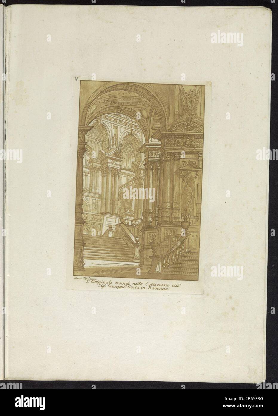 Kerkinterieur met trappartijen beeldhouwwerken Raccolta di dissegni originali di Mauro Tesi (servietitel) Print fait partie d'un album. Fabricant : imprimeur: Anonyme au dessin de: Mauro Antonio Tesi (indiqué sur l'objet) éditeur: Lodovico InigPlaats fabrication: Bologne Date: 1787 Caractéristiques physiques: Gravure et teinte aqua en matière brune: Papier: Technique de gravure / teinte aqua / mesures de couleur: Bord de la plaque: H 235 mm × W 154 mblad: H 414 mm b × 289 mm Objet : intérieur de la sculpture de l'église, reproduction d'un morceau de sculpture et Banque D'Images