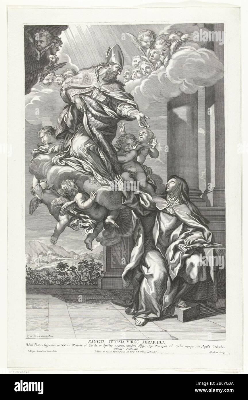 Kerkvader Augustinus van Hippo verschijnt voor de heilige Maria Magdalena van Pazzi Sancta Teresia virgo séraphica (objet op titel) Mary Magdalen de Pazzi assis avec un livre, elle a une vision Où: Ils voient dans le père de l'église Augustine de Hippo. Il apparaît dans la robe de l'évêque et entouré d'anges dans le ciel. Selon l'inscription, la femme saint Teresa mais considérant la source de cette impression, une peinture de Sienne, le plus probable est que cela implique Sainte Marie Magdalen de Pazzi. Elle était aussi une non karmelietesse et a été honorée à Florence et à l'omge. Fabricant : machine à imprimer: Jacques Banque D'Images