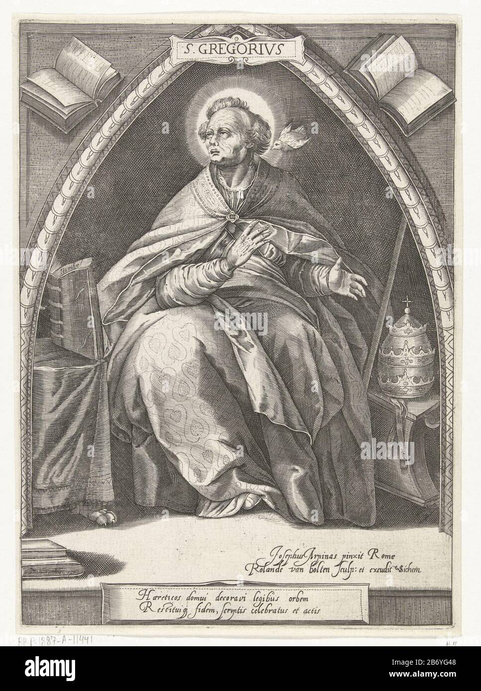 Kerkvader Gregorius de vier kerkvaders (servietitel) Le Saint Pape Gregory I était assis dans une voûte d'église. Il porte la robe papale et son tiara papale allongé à côté de lui sur un banc. Sur sa tête se trouve une colombe (le Saint-Esprit), les attributs personnels de Saint-Grégoire. Ses écrits ont été inspirés par Dieu. Un livre ouvert à Gregory nommé Homilae (sermons). Un livre fermé sur le terrain a été appelé Dialogorum, mais cela a été rayé. Les deux titres étaient les œuvres les plus importantes de Gregory. L'impression comporte une légende latine. La série concerne les quatre kerkvaders. Fabricant : printmaker: Roeland van Bolten Banque D'Images