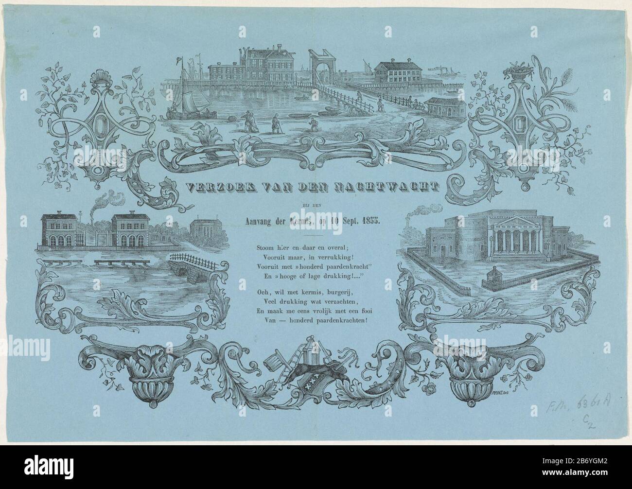 Kermisprent van de Amsterdam nachtwacht voor het jaar 1855 Verzoek van den Nachtwacht bij den Aanvanvanvang der Kermis, op. 10 sept. 1855 (objet titel op) Fair Print of Amsterdam nightwatchman (garde-hochet), 10 septembre 1855. Trois représentations de bâtiments associés à la puissance de vapeur: La Nouvelle Ville Tavern, Weesperpoortstation et la Gare Amsterdam Willempoort le chemin de fer néerlandais Rhenish. Poème central en deux verzen. Fabricant : printmaker: Friedrich Robert Prinz (propriété cotée) Lieu de fabrication: Pays-Bas Date: 1855 Caractéristiques physiques: Impression de texte avec représentation en bois sur papier bleu pap Banque D'Images