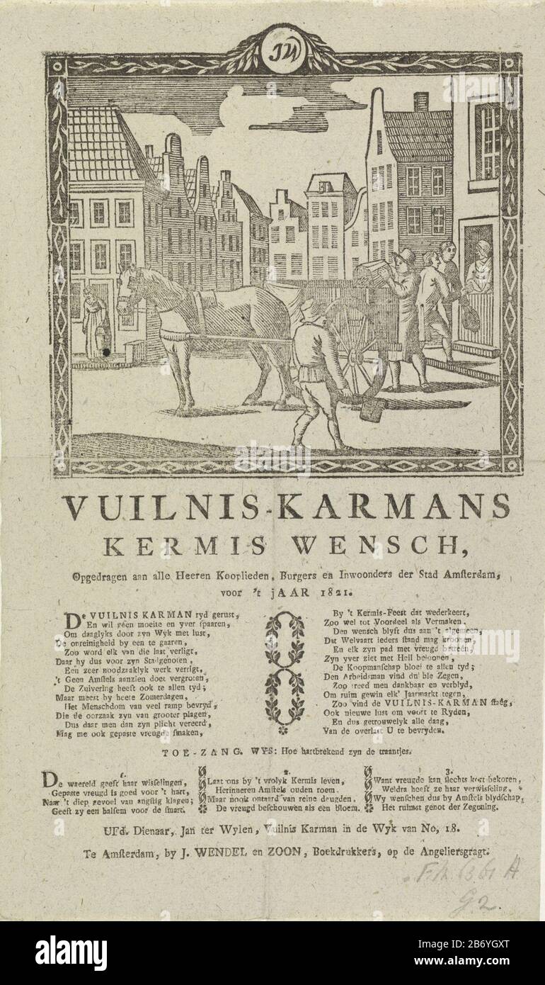 Kermisprent van de vuilnismannen van Amsterdam voor het jaar 1821 Vuilnis-karmans kermis wensch (objet titel op) Fair Print of Amsterdam's Garbage for the year 1821. Face avec dans une rue à Amsterdam Où: Un homme jette une poubelle peut vider le chariot et un autre homme prend un cliquet. Deux autres hommes obtiennent à l'argent de la maison. Avec poème en deux colonnes et une chanson en trois versets. Le vuilniskarman dans le district no 18: Jan ter Wylen. Fabricant : printmaker: Anonyme busier J. Wendel and son (propriété cotée) Lieu de fabrication: Amsterdam Date: 1821 Caractéristiques physiques: Impression de texte avec représentation Banque D'Images