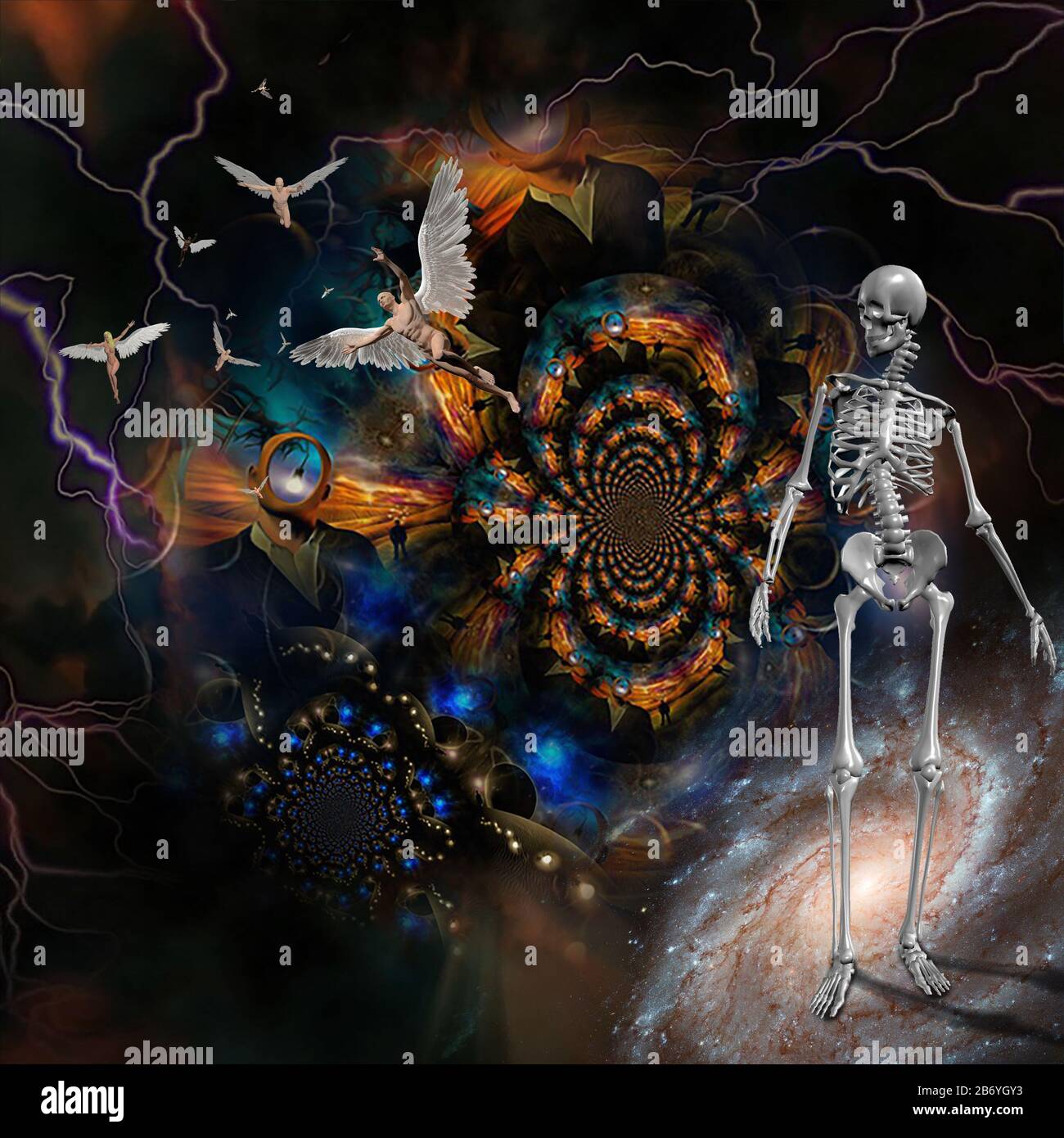 Surréalisme. Les hommes avec ailes symbolisent les anges. Le squelette représente la mort. Rendu tridimensionnel Banque D'Images