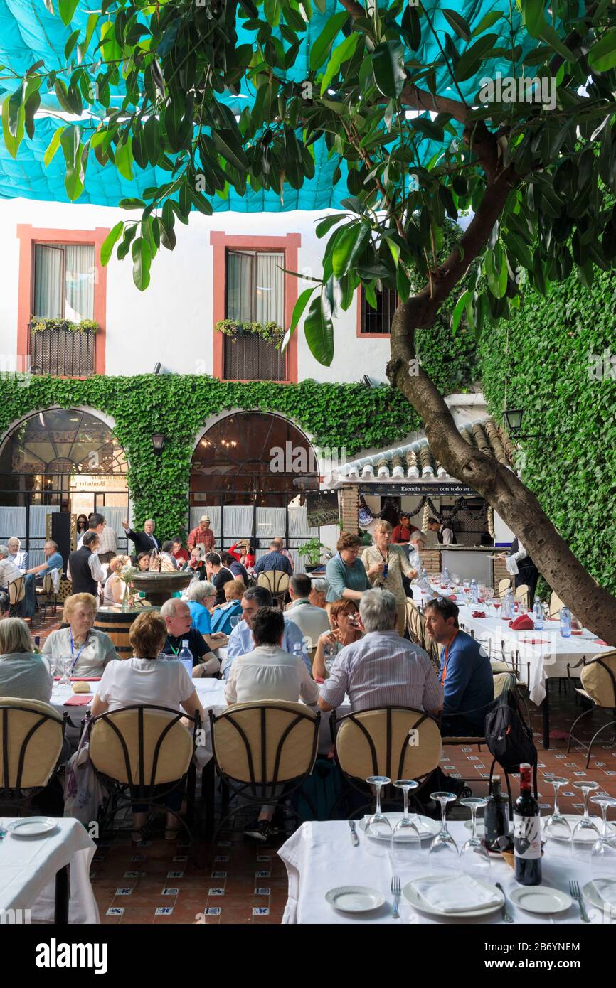 Les clients qui attendent de manger au restaurant Casa Palacio Bandoléro, Cordoba, province de Cordoba, Andalousie, sud de l'Espagne. Le centre historique de Cordoue est Banque D'Images