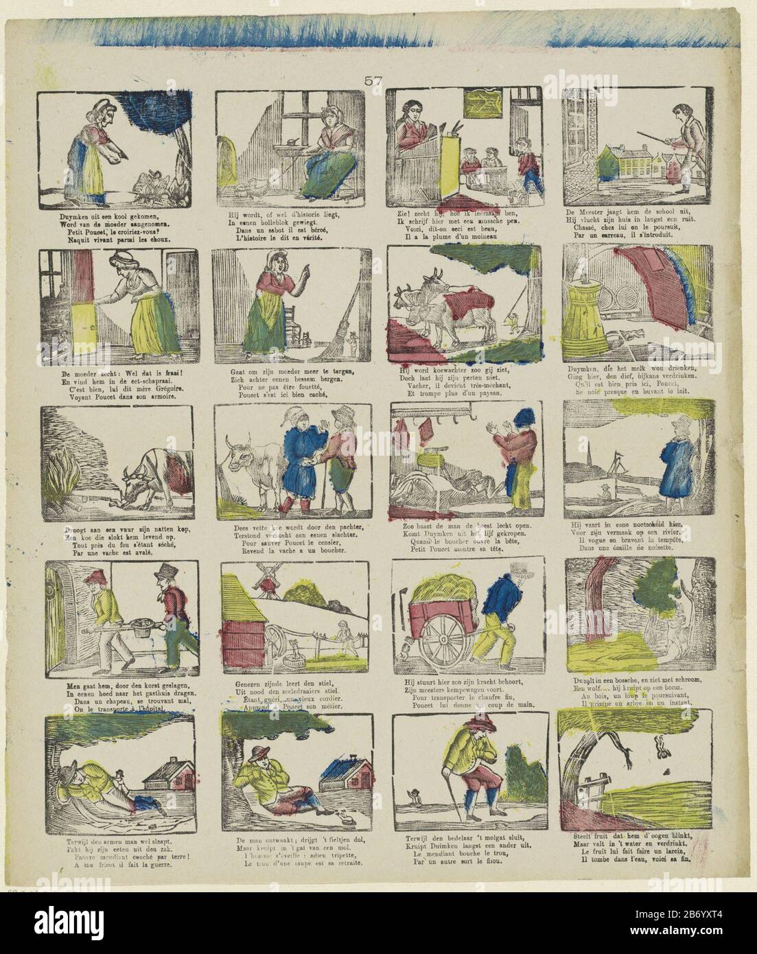 Klein Duimpje Leaf avec 20 scènes de l'histoire de Tom Thumb. Sous chaque image, un verset à deux lignes en néerlandais et en français. Centre supérieur numéroté : 57. Fabricant : Editeur: M. Hemeleers-of Houterprentmaker: Fabrication anonyme: Schaerbeek Date: 1827 - 1894 Caractéristiques physiques: Bois de couleur bleu, jaune et rouge; matériel d'impression de texte: Papier technique: Bois / couleurs / formats d'impression: Feuille: H 386 mm × W 335 mm Sujet: Contes de fées: Little Thumbling Banque D'Images