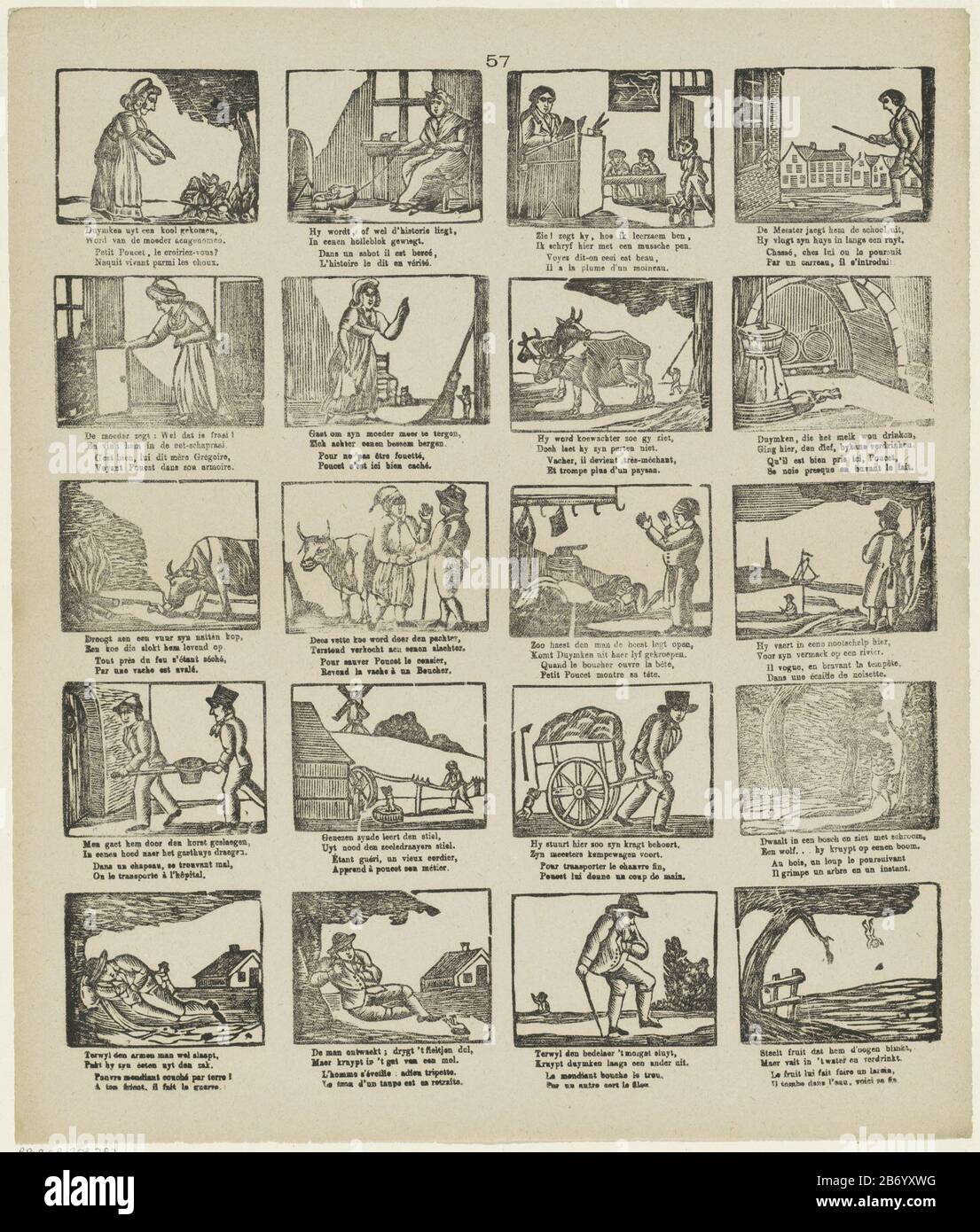 Klein Duimpje Leaf avec 20 scènes de l'histoire de Tom Thumb. Sous chaque image, un verset à deux lignes en néerlandais et en français. Centre supérieur numéroté : 57. Fabricant : Éditeur: M. Hemeleers-of Houterprentmaker: Fabrication anonyme: Schaerbeek Date: 1827 - 1894 Caractéristiques physiques: Bois et impression de texte: Technique du papier: Coupe du bois / formats d'impression: Feuille: H 390 mm × W 331 mm Sujet: Contes de fées: Little Thumbling Banque D'Images