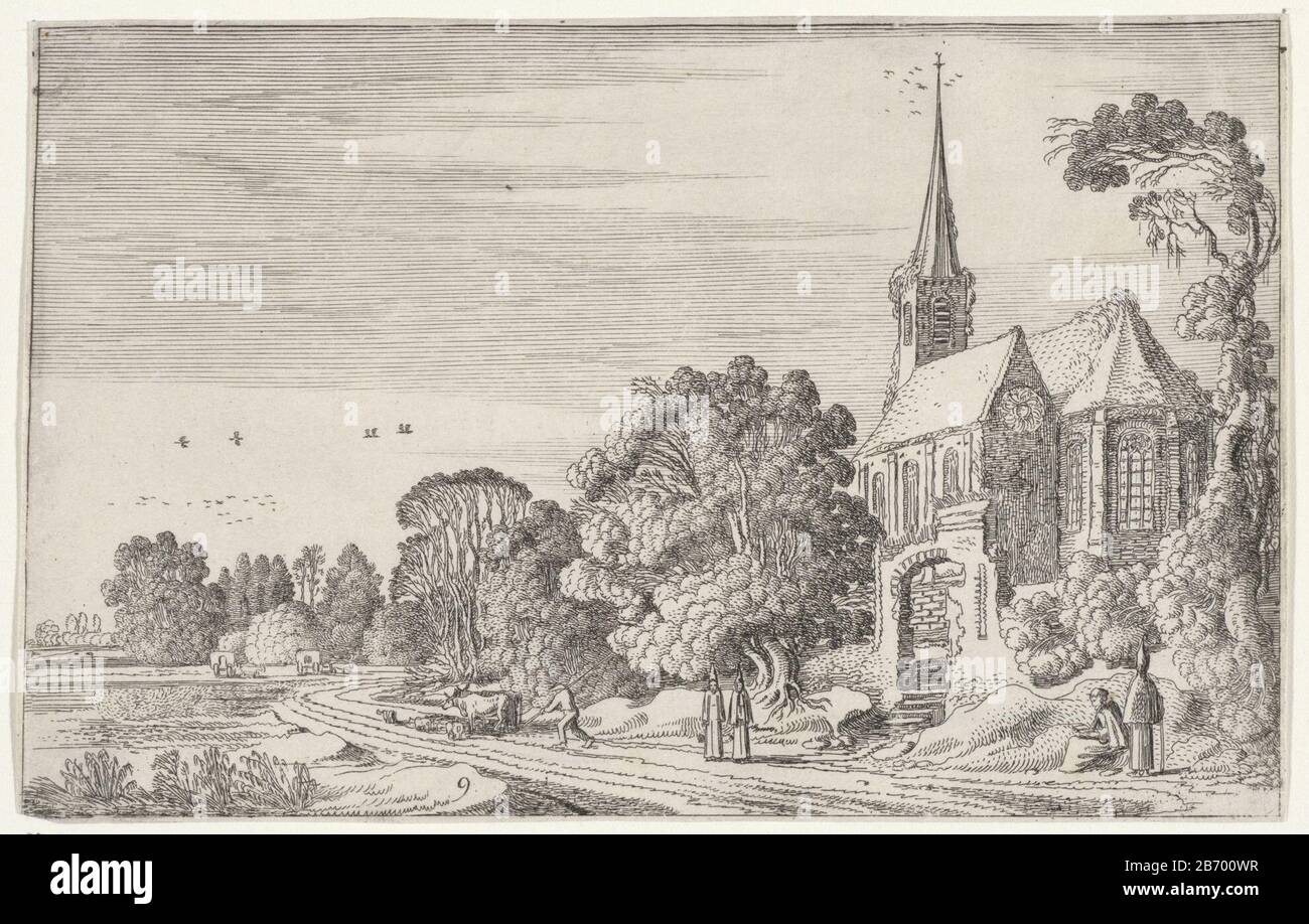 Moines et berger sur une route de terre le long d'une église abandonnée. Neuvième impression d'une série de zestien. Fabricant : printmaker Jan van de Velde (II) dans sa conception: Jan van de Velde (II) Lieu de fabrication: Nord des Pays-Bas Date: 1616 Caractéristiques physiques: Matière de gravure: Technique du papier: Gravure Dimensions: Feuille: H 125 mm (découpés sur l'image) × 198 mm Objet: Herding, herdsman, herdswoman, berger, bergers, troupeau de vaches, et gelding de paysage avec moine (s), Friar (s) ou église de gelding, monastère, etc.church (extérieur) Banque D'Images