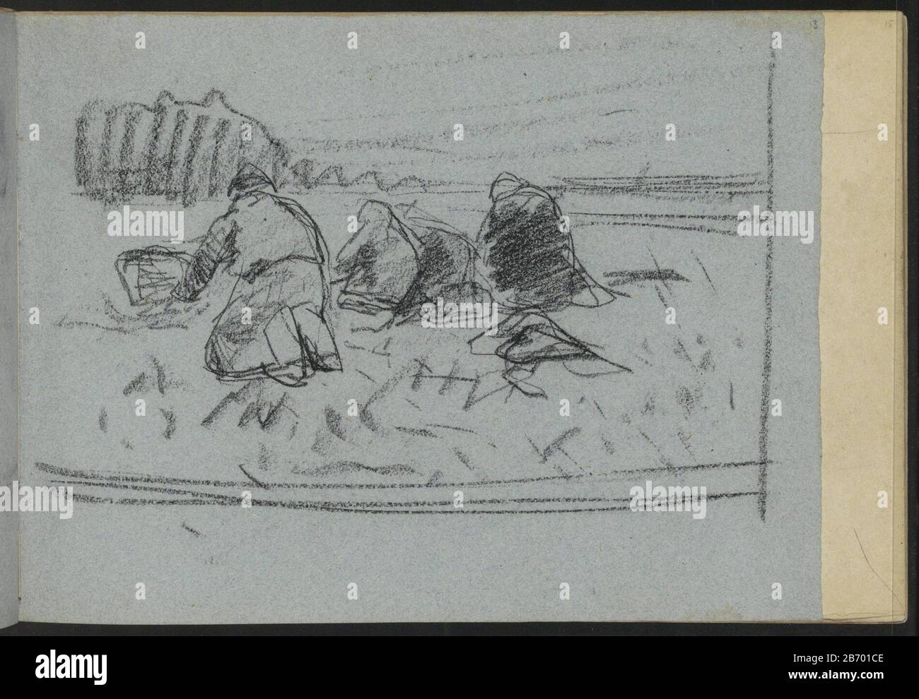 Knielende figuren op het terre Ils dispersent le plus possible. 13 pages d'un croquis avec 19 bladen. Fabricant : artiste: William Witsenplein lieu de fabrication: Ewijk Farm (possible) Date: CA. 1882 - ca. 1884 Caractéristiques physiques: Craie noire sur papier bleu: Craie Sujet papier: Terre cultivée (+ paysage avec figures, étalage) silhouette pétrir - AA - figurine humaine femelle, cueillette, tonte  récolte Banque D'Images