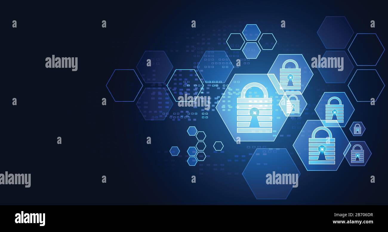 Technologie abstraite HEXAGON digital cyber Security confidentialité information Network concept cadenas protection digital network Internet link on hi tech blu Illustration de Vecteur