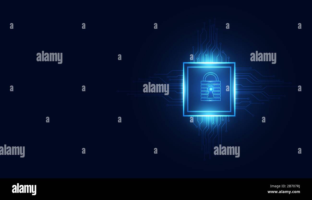 Technologie abstraite cyber-sécurité Square ai confidentialité réseau d'information concept cadenas protection numérique réseau Internet lien sur hi tech bleu futu Illustration de Vecteur