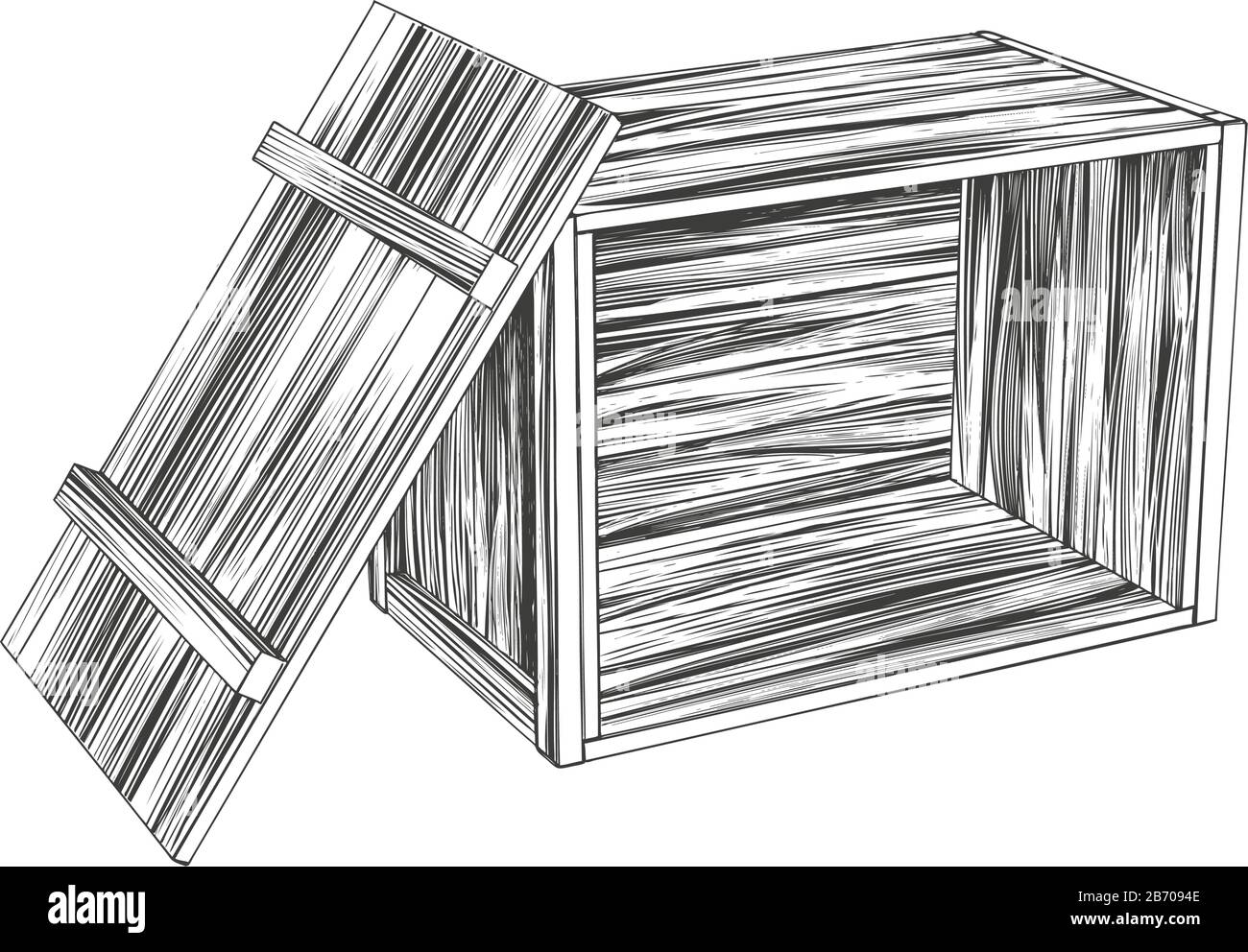 caisses, boîte en bois ouverte, illustration vectorielle dessinée à la main de parcelle réaliste esquisse Illustration de Vecteur