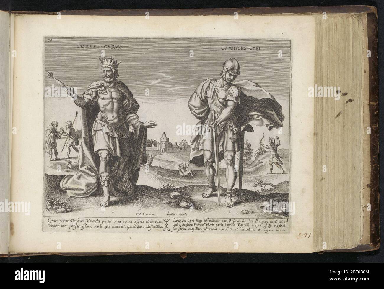 Koning Cyrus en koning Cambyses Van de Coningen van Persen (servietitel) Perzische koningen (servietitel) Den Grooten Figer-Bibel (servietitel) est le roi Cyrus de Perse avec un sceptre dans sa main . En arrière-plan vous pouvez voir comment Cyrus le bébé est livré par Harpagus à un berger. Le roi droit Cambyses de Perse debout avec sa main sur son lourd d. En arrière-plan vous pouvez voir comment Cambyses tue le fils de Prexaspes avec une flèche. Parmi les figurent un texte à deux lignes et un texte à trois lignes en latin. Cette impression fait partie d'un album. Fabricant : printmaker: Anonyme pour imprimer par: Anonyme des Banque D'Images