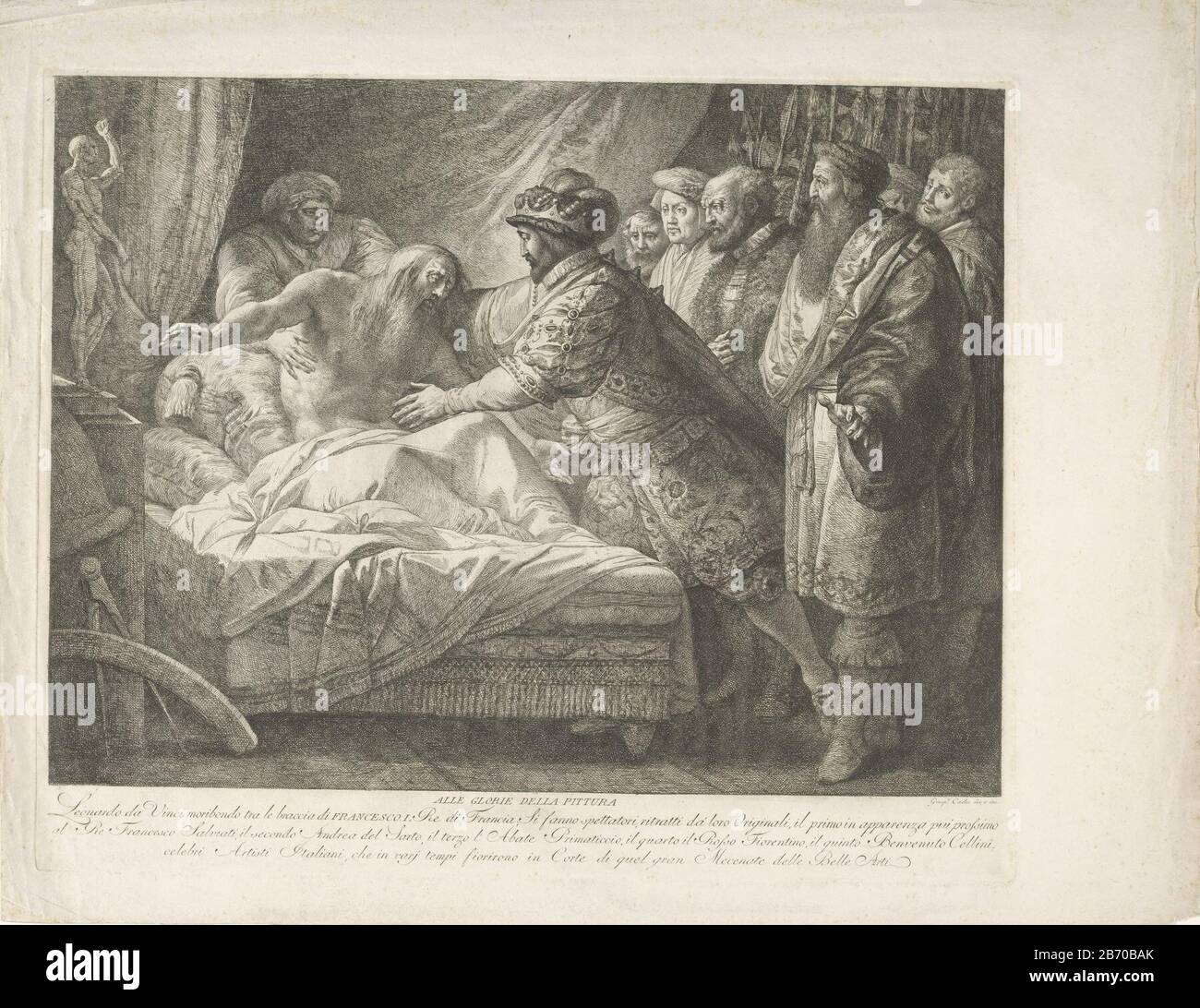Koning Frans i bij de stervende Leonardo da Vinci Alle glorie della pittura (objet titel op) le roi français François I est à côté du lit de l'artiste mourant Leonardo Da Vinci. Le roi essaie d'embrasser l'artiste. Derrière le roi se trouve son dû. Texte italien ondermarge. Fabricant : graveur Giuseppe Cades (bâtiment classé) dans son dessin: Giuseppe Cades (propriété cotée) Lieu de fabrication: Italie Date: 1760 - 1799 Caractéristiques physiques: Matière de gravure: Technique du papier: Gravure Dimensions: Bord de la plaque: H 453 mm b × 553 mm Objet: Déathbedruler, souverainetés: Francis I de Va Banque D'Images