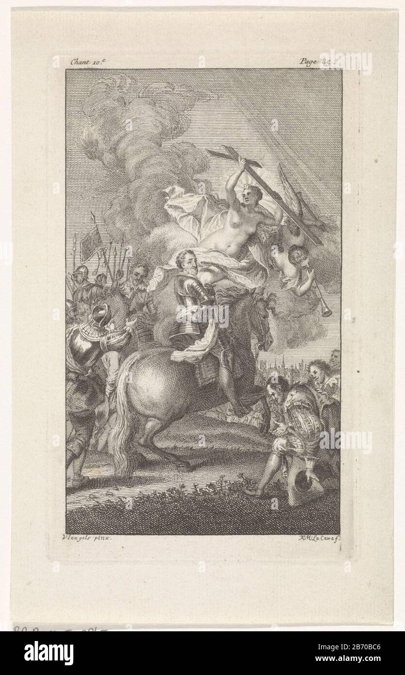 Koning Hendrik IV van Frankrijk en Navarra trekt op naar Parijs le roi Henri IV de France et Navarre attire, à cheval, à Paris. Les nuages la foi montre une croix et souffle la renommée sur sa trompette. En haut à gauche : chant 10. En haut à droite : page 85. Fabricant : printmaker François Morellon la Cave (propriété cotée) à la peinture de Nicolas Vleughels (propriété cotée) Lieu de fabrication: Amsterdam Date: 1706 - 1768 Caractéristiques physiques: Gravure et engrama matière: Papier technique: Gravure / engrama ( procédé d'impression) mesures: Bord de la plaque: H × 156 mm b 93 mm Objet: Foi, 'Faith's; 'FEDE', 'Fode catholic Banque D'Images