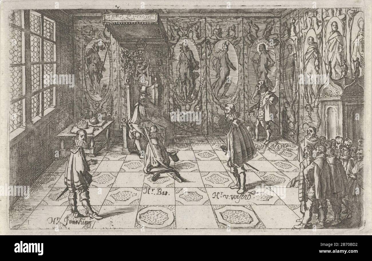 Koning Gustaaf II Adolf slaat de heer Bas tot ridder Gustav II Adolf, roi de Suède, pétrir M. Bass bat le chevalier dans le palais royal de Stockholm. M. Joachimij, qui était peu avant la noblesse verheven, reste au premier plan. Fabricant : printmaker Simon Frisiuuitgever: Hendrick Hondius (i) Lieu de fabrication: Printmaker: Northern Netherlands Éditeur: La Haye Date: 1619 et / ou 1639 Caractéristiques physiques: Papier technique: Dimensions de gravure: Bord de plaque: H 101 mm × W 159 mmToeliechtBoekillustratie de Goeteis, A. Journal of the legghation in the legghen. Banque D'Images