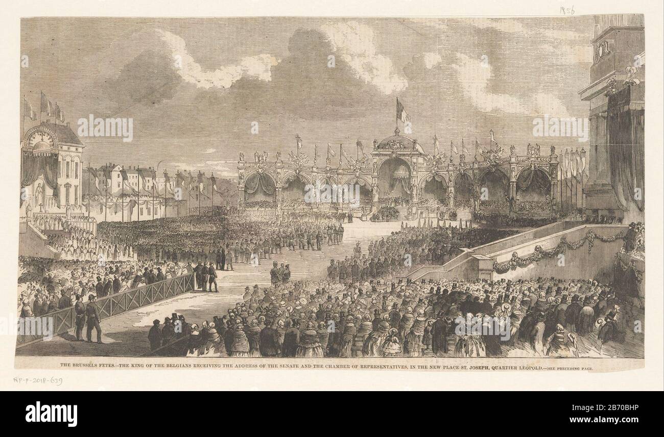 Koning Leopold i bij de l'ouverture van het nieuwe paleis à Bruxelles, 1856 Les Fètes de Bruxelles (objet op titel) le roi Léopold I à la grande ouverture du nouveau palais dans le quartier Léopold, 1856. Fabricant : printmaker: Fabrication anonyme: Angleterre Date: 1856 Caractéristiques physiques: Bois engrala matière: Papier technique: Bois engrala dimension: Feuille: H 192 mm × W 340 mmToeliechtingillustratie prise d'un magazine inconnu 1856. Objet: Festivités publiques à d'autres événements royaux, ou non Mentionnés ci-dessus où: 1856 - 1856 Banque D'Images