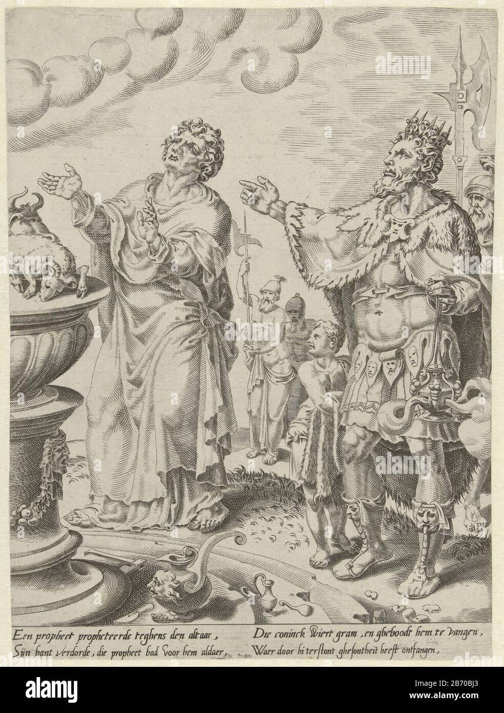 Koning Jerobeam en de godsman voor het altaar Verhaal van de ongehoorzame godsman (servietitel) l'homme de Dieu fait une prédiction pour l'autel de Béthel (1 Rois 13: 1-4). Le roi Jéroboam essaie de le garder mais il est maudit. Son bras étiré se flétrit. L'imprimé a une équipe néerlandaise dans le rhyme et fait partie d'une série de quatre parties sur le godsman désobéissant. Fabricant : Printmaker: Dirck Volckertsz. Coornhert (attribué à) à dessin de: Maarten van Heemskerck (attribué à) scribe: Fabrication anonyme de l'emplacement: Haarlem Date: 1548 - 1554 Caractéristiques physiques: Engraa et matériel de gravure: Paper Tech Banque D'Images