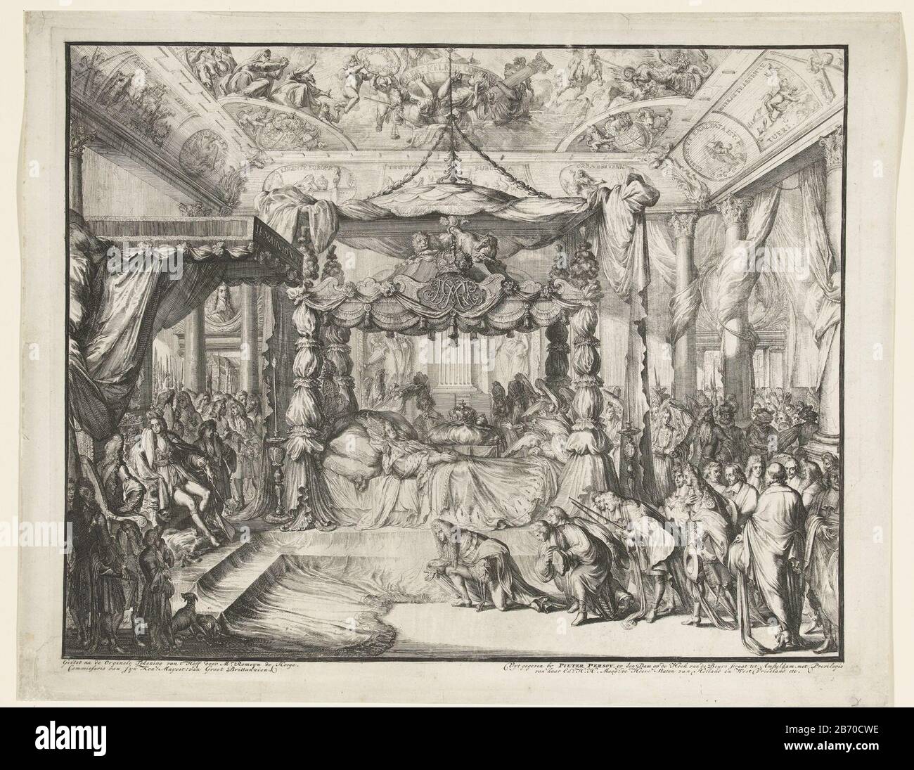 Koningin Maria II Stuart op haar sterfbed, 1695 Het overlijden en de lijkstatie van Maria II Stuart, koningin van Engeland, 1695 (servietitel) Grande salle d'idées Où: À la reine Mary II Stuart posée est sur son lit de mort. La gauche est l'pleurant William III sur son troon. Fabricant : printmaker: Romeyn de Hooghe (propriété cotée) conçu par: Anonyme (bâtiment classé) Editeur: Peter Persoy (propriété cotée) Lieu de fabrication: Printmaker: Pays-Bas Éditeur: Amsterdam Date: 1695 Caractéristiques physiques: Matière de gravure: Papier: Dimensions techniques de gravure: Bord de la plaque: H 470 mm × W 591 mmToelicht Banque D'Images