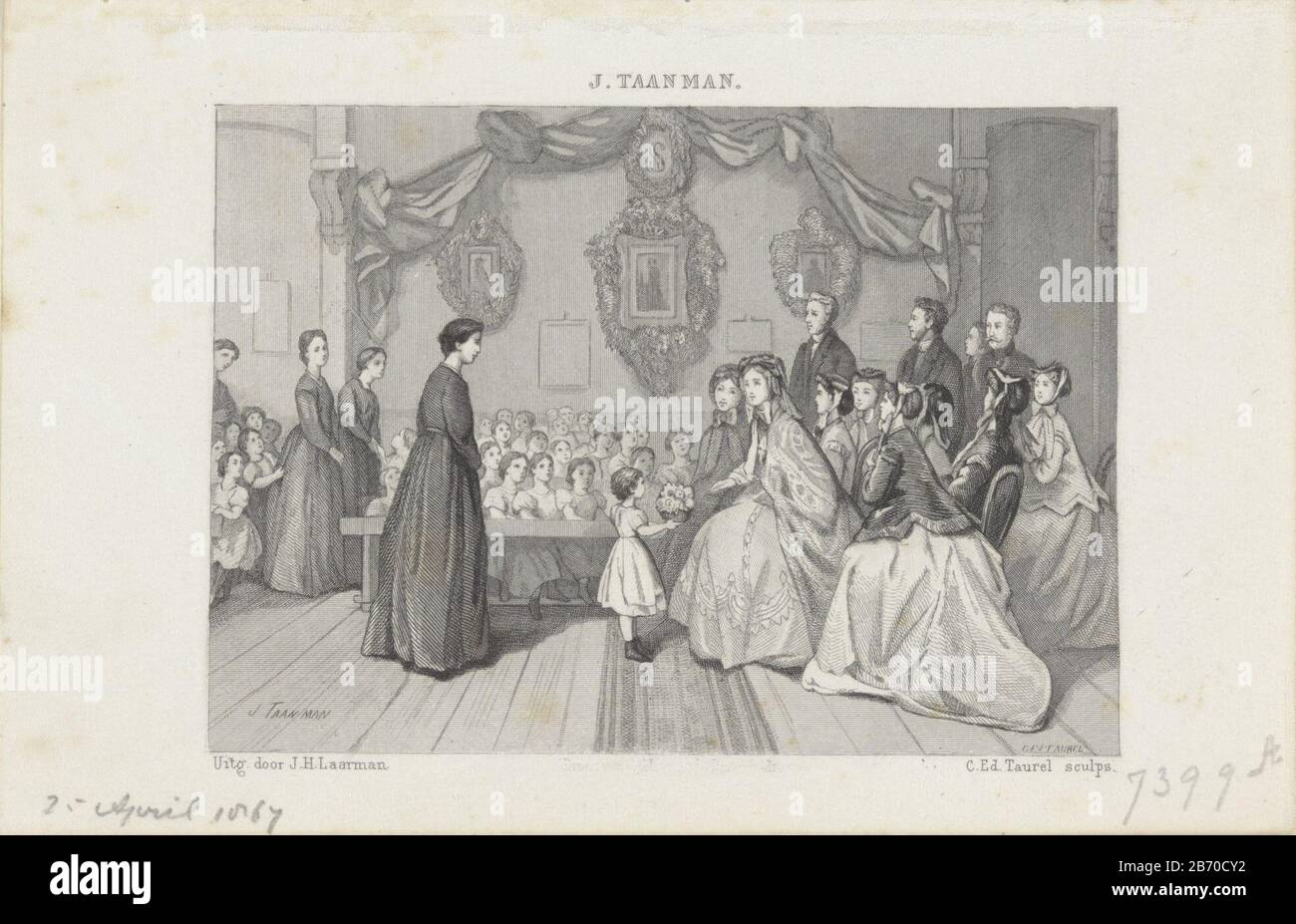 Koningin Sophia bezoekt de Bewaarschool Sophia te Amsterdam, 1867 la reine Sophia visite la pépinière d'un enfant Sophia Church Street Amsterdam a donné un bouquet de fleurs, le 25 avril 1867. Fabricant : printmaker: Edouard Taurel (bâtiment classé), conçu par Jacob Taanman (objet coté) éditeur: JH Laarman (propriété coté) Lieu de fabrication: Pays-Bas Date: 1867 - 1868 Caractéristiques physiques: Acier engraa matériau: Papier: Technique engrala Dimensions: Feuille: H 102 mm × W 158 mmToeliechtGebruikt comme illustré dans l'almanac 'Aurora 1868. Pas Frederik Muller; ajouté par le numéro RPK. S Banque D'Images