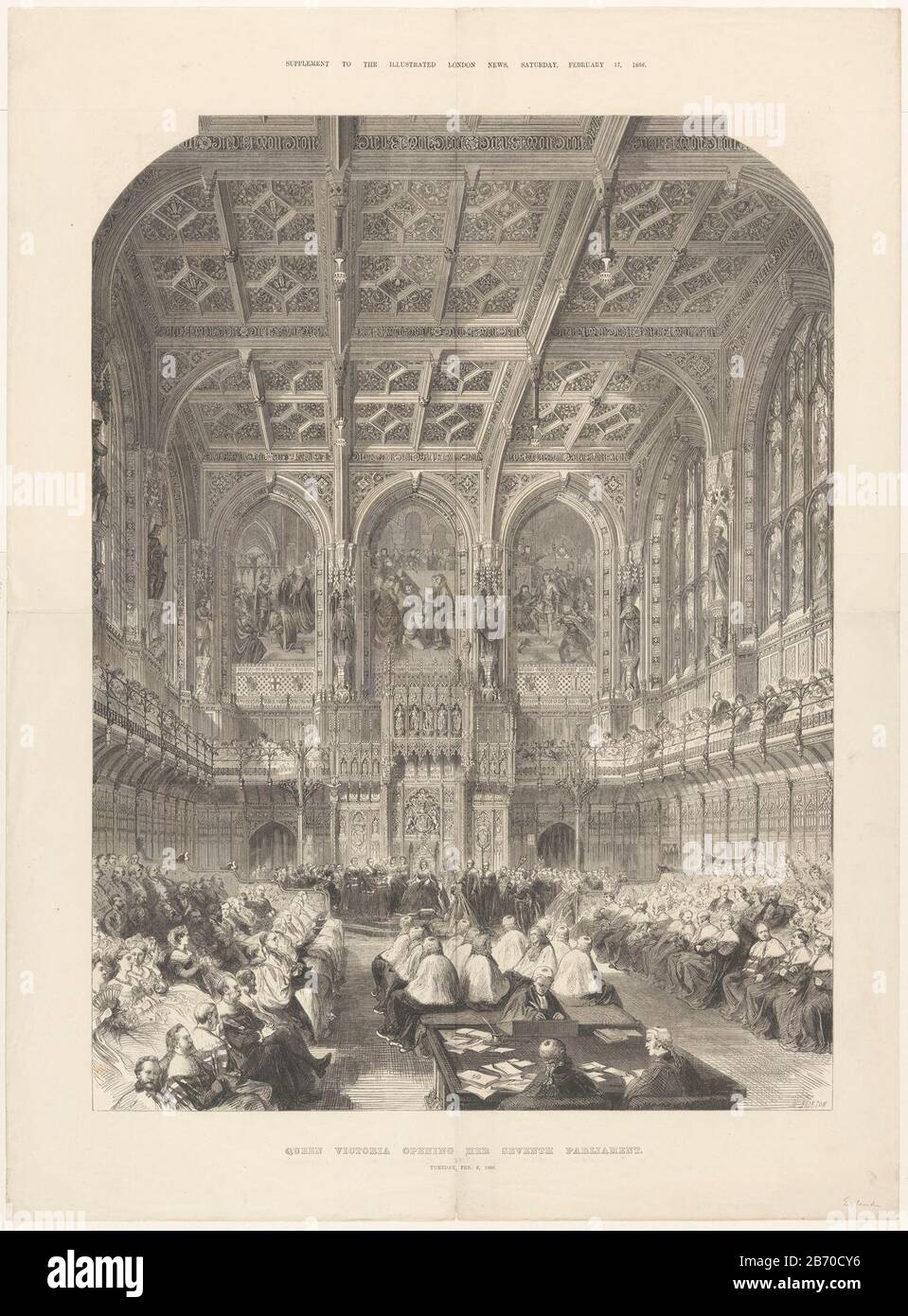 Koningin Victoria opent het parlement, 1866 la reine Victoria ouvre sa septième législature le mardi 6 février 1866 (objet op titel) la reine Victoria ouvre la session du parlement, le 6 février 1866. Sa septième législature, réunie à la Chambre des Lords (Chambre des Lords) . Fabricant : printmaker: Mason Jackson (propriété cotée) Lieu de fabrication: Angleterre Date: Fév 1866 Caractéristiques physiques: Bois engrala matière: Papier technique: Bois engrala dimensions: Feuille: H 820 mm × W 604 mmToelichtillustratie extraite de : supplément à La Nouvelles Illustrées de Londres, 17 février 1866. Objet: Chambre Haute, Se Banque D'Images