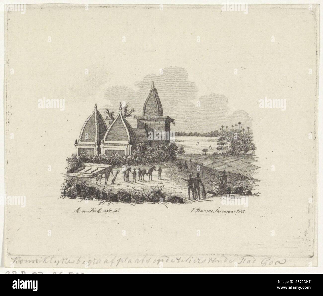 Koninklijke begraafplaats van de stad Goa (objet op titel) vue d'un bâtiment de temple. Derrière le bâtiment, une rivière avec deux bateaux à voile. Pour construire un groupe de personnes avec des chevaux. Droite est un artiste occidental sur une pierre. En plus de lui deux mannen natifs. Fabricant : Print Maker: Joannes Bemme (indiqué sur l'objet) au dessin de M. Ver Huell (indiqué sur l'objet) Date: 1800 - 1841 Caractéristiques physiques: Matière de gravure: Technique du papier: Dimensions de gravure: Bord de la plaque: H 100 mm × b 125 mmTohteliceligintitel avec crayon sur l'objet. Objet: Cimetière, cemeeteryrapporteur pour avis au travail - CC - o Banque D'Images