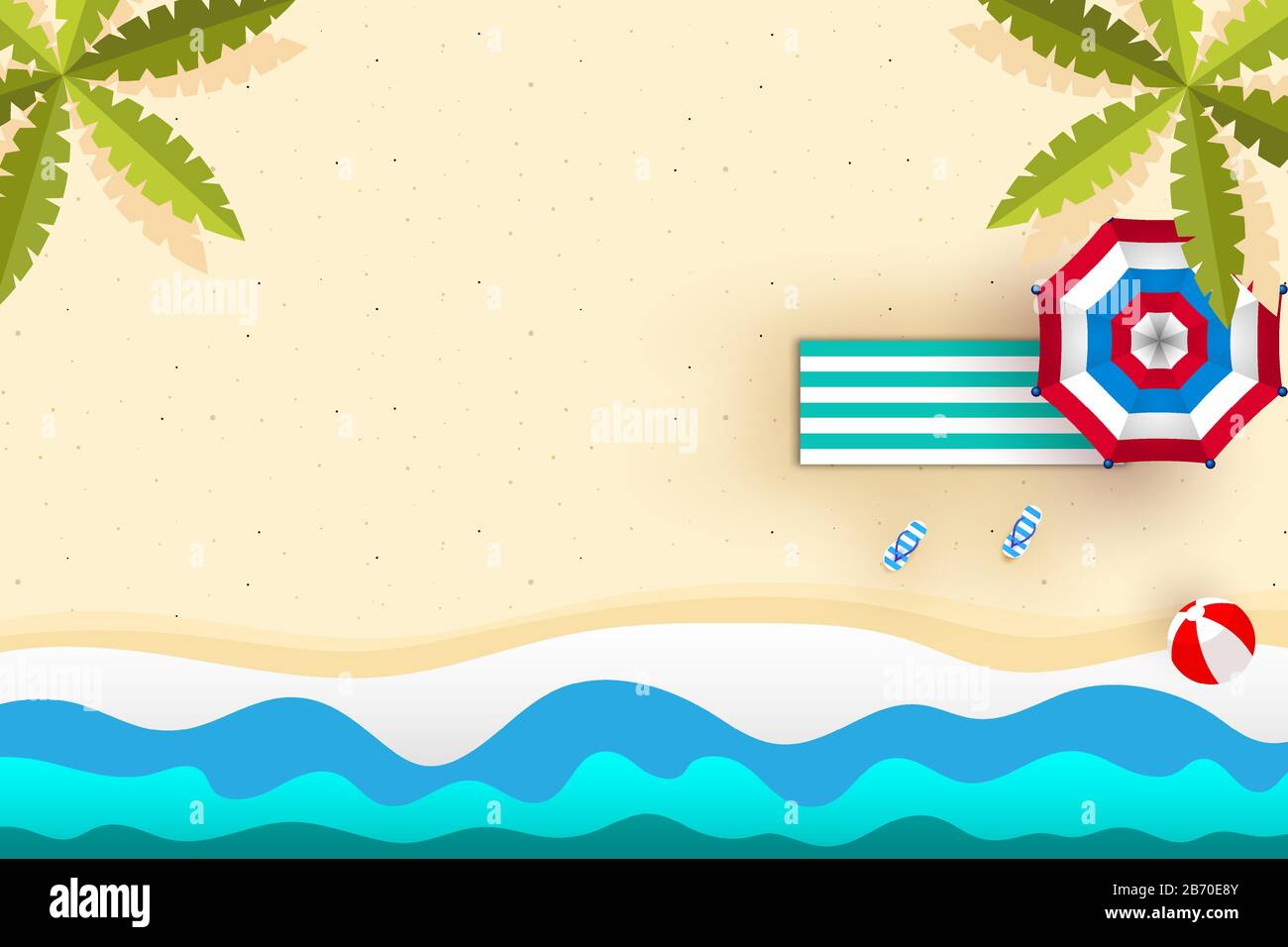 Concept des vacances d'été, contexte de l'heure d'été. Vue de dessus sur les feuilles de palmier, le parasol, le lit de soleil, les tongs, le ballon de plage et le sable marin. Illustration de Vecteur