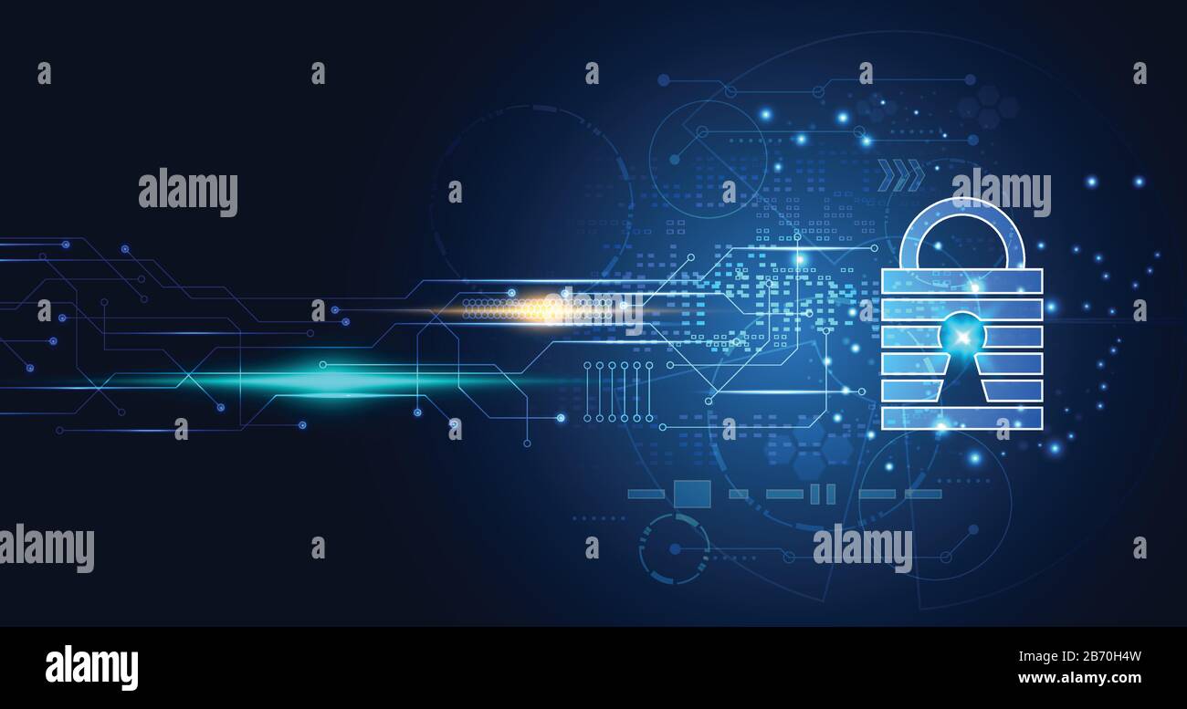 Technologie abstraite HEXAGON digital cyber Security confidentialité information Network concept cadenas protection digital network Internet link on hi tech blu Illustration de Vecteur