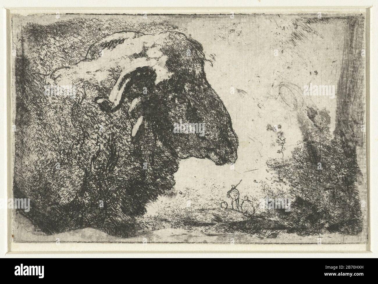 Kop van een ram tête d'un vérin inclinable trois figures sur l'achtergrond. Fabricant : printmaker: Anonyme printmaker Rembrandt van Rijn (Way) Lieu de fabrication: Pays-Bas Date: 1630 - 1700 Caractéristiques physiques: Matière de gravure: Technique du papier: Dimensions de gravure: Feuille: H 72 mm × W 111 mm Objet: RAM Banque D'Images