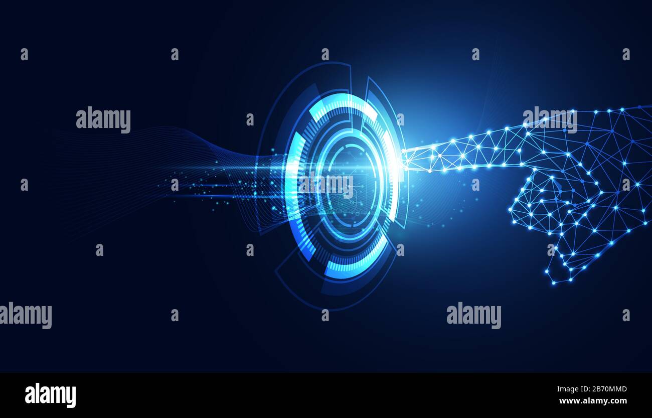 Ligne de technologie abstraite triangle et doigt points faible poly polygonal futur moderne filaire sur cercle hi tech futur fond bleu. Illustration de Vecteur