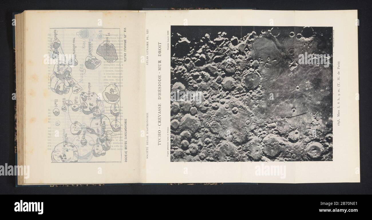 Cratères sur la Lune tycho - Crevasse d'Hésiode - mur droit (titre objet) Type de bien: Page d'impression photomécanique Numéro d'article: RP-F 2001-7-1347D-20 Inscriptions / marques: Inscription, recto, imprimé 'Société Belge d'Astronomie Lunar Atlas Pl. XIII / 1895, Mars 5, 6 h. 9 m. (TM de Paris), 'fabrication Vervaardiger: Fabricant: Loewy et Puiseux (indiqué sur l'objet) fabricant: F. Wylands (indiqué sur l'objet) Date:  5-mar-1895 - à l'intérieur ou à l'avant 1899 matériau: Technique du papier: Autotypique Dimensions: Photo: H 226 mm × W 189 mtoelightingPrent page 340. Objet: Surface de la lune Banque D'Images