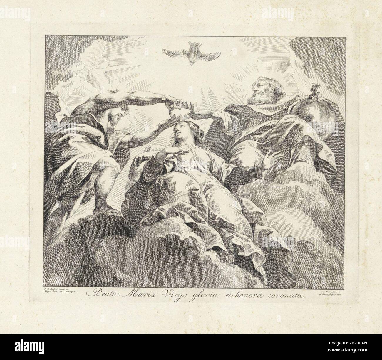 Kroning van Maria les plat-fonds ou les nappes des galeries de plafonds de gallerystukken (serietitel) Dans les nuages Marie est couronnée par la Trinité. Sous la forme rectangulaire, affichez une légende dans le Latijn. Fabricant : printmaker Jan point (propriété listée) au dessin: Jacob de Wit (propriété listée) à la peinture par Peter Paul Rubens (bâtiment listed) éditeur: Jan point Lieu fabrication Amsterdam Date: 1751 Caractéristiques physiques: Gravure et engrafage matériel: Papier: Technique de gravure / engrafage (processus d'impression) Dimensions: Bord de la plaque: H 342 mm × W 400 mm Objet : couronnement de Marie dans le ciel (habituellement Banque D'Images