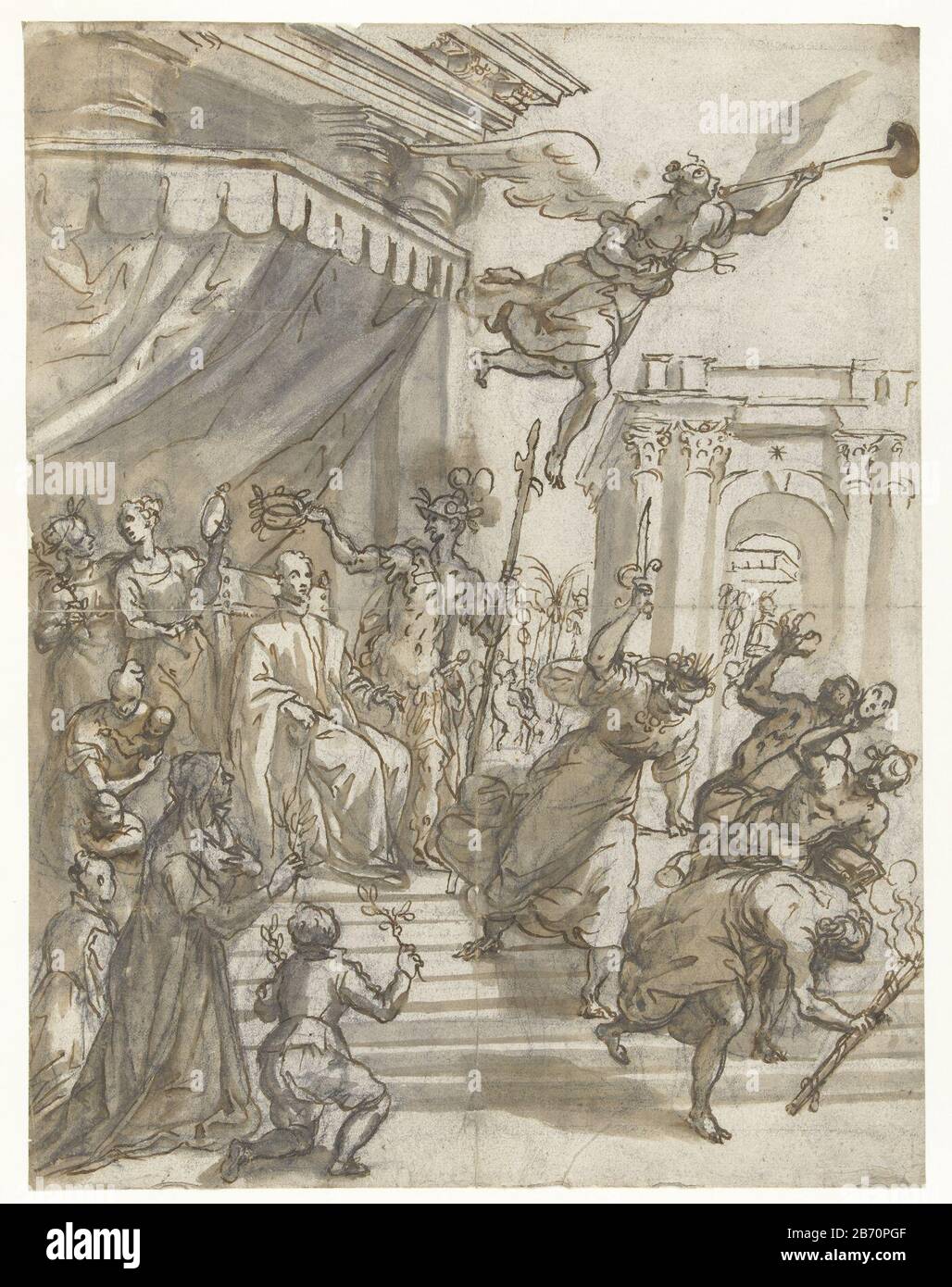 Kroning van een Magistraat Coronation d'un magistrat Type d'objet: Dessin Numéro d'objet: RP-T 1948-305 Fabricant : artiste: Alessandro Maganza Rapporteur: Giovanni Battista Maganza (I) Date: 1605 - 1615 Caractéristiques physiques: Signature en craie noire, brosse et matière brune: Papier craie technologie: Stylo / brosse dimensions: H 342 mm × l 265 mm Banque D'Images