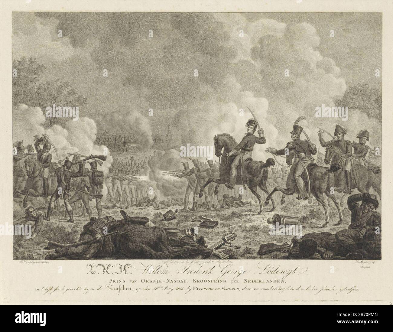 Kroonprins Willem Frederik George Lodewijk bij de Slag bij Waterloo en Fleurus Prince William Frederick George Louis, plus tard le roi William II, va à la guerre sur le champ de bataille de Waterloo le 18 juin 1815. Il a ainsi blessé son épaule par une balle. Avec explication onderschrift. Fabricant : printmaker Dirk Sluyter to drawing: Jan Kamphuijs Editeur: John Groenewoud Jansz Date: Le ou après 1815 Caractéristiques physiques: Gravure, créppage engrala œuvre; matériel d'épreuvage: Technique du papier: Gravure / travail par points / engrala (impression) Dimensions: Feuille: H 347 mm (bord de la plaque en bas visible) × b 447 mm Sub Banque D'Images