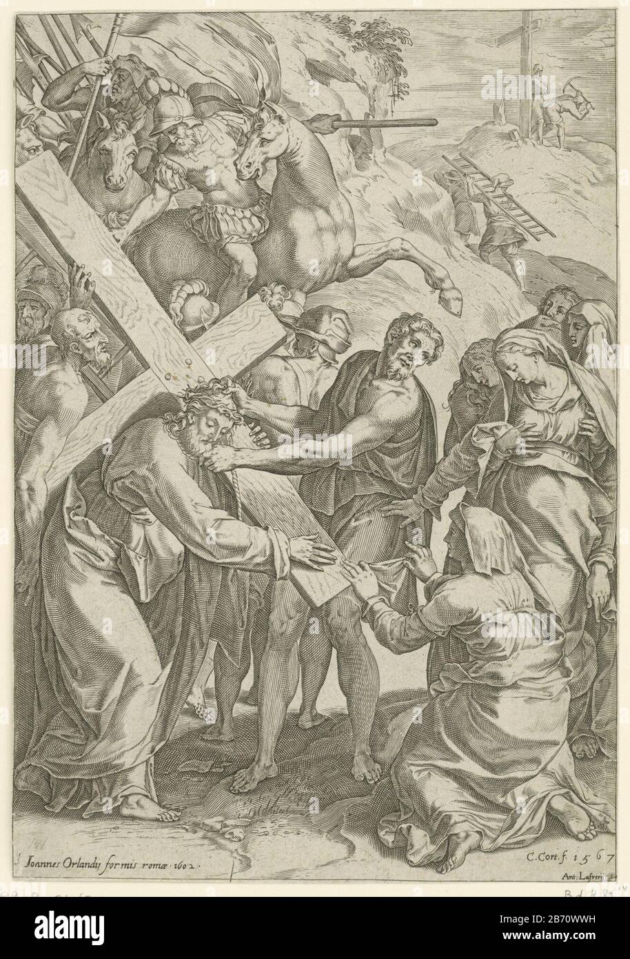 Kruisdraging a rencontré Veronica Christ ours croix. Il a une corde autour de son cou et une couronne d'épines sur sa tête. Un soldat tire ses cheveux sur le Christ. BC est Veronica à genoux sur le sol avec un chiffon. Relie les soldats. Mont de droite Calvary Où: Déjà une croix érigée wordt. Fabricant : printmaker Cornelis Cort (propriété listée) conçu par: Girolamo Muziano (attribuée à) éditeur: Giovanni Orlandi (bâtiment listé) éditeur: Antonio Lafreri (objet listé ) Lieu de fabrication: Rome Date: 1602 Caractéristiques physiques: Matière de prise: Papier: Technique engrara (processus d'impression) mesures: Shee Banque D'Images