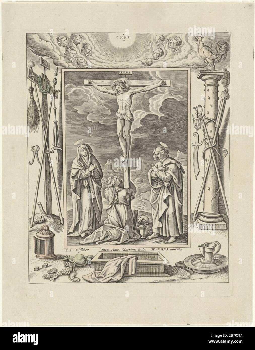 Kruisiging van Christus Passie van Christus (servietitel) la crucifixion du Christ sur le Mont Calvaire. Sous la croix sont Mary Magdalene, Mary et St. John. Le spectacle est tenu dans un cadre décoratif qui est décoré avec l'Arma Christi et le dessus du tétragrammaton entouré de chérubins. Fabricant : printmaker Antonie Who: Rix (II) (bâtiment classé), conçu par: Marten de vos (bâtiment classé) éditeur: Claes Jansz. Visscher (II) (bâtiment classé) Lieu de fabrication: Printmaker: Anvers Éditeur: Amsterdam Date: 1582 - 1586 Caractéristiques physiques: Engrala, couleur de la main en rouge et vert mater Banque D'Images