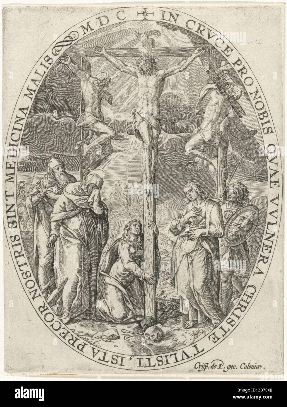 Kruisiging van Christus Passie van Christus (serietitel) Passio Domini nostri Jesu Christi (serietitel) la crucifixion du Christ sur le mont Calvary. Sous la croix Marie Magdalene, Marie et Saint-Jean. A gauche et à droite, les criminels ont crucifié avec lui. Le spectacle est tenu dans un cadre ovale avec une inscription de bord en latin. Imprimez une série avec la passion de Christus. Fabricant : printmaker: Crispijn of Passe (I) Editeur: Crispijn of Passe (I) (bâtiment classé) Lieu de fabrication: Cologne Date: 1600 Caractéristiques physiques: Matériel automobile: Technique du papier: Engraa ( procédé d'impression) Dimensions: Banque D'Images